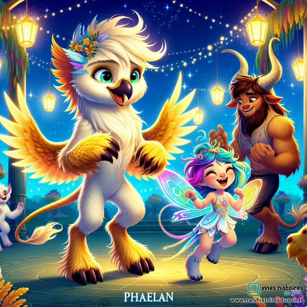 Phaëlan, un jeune griffon aux plumes dorées et aux yeux curieux, danse joyeusement au centre de la scène, un sourire éclatant sur le visage. À sa droite, Milla, une changeline aux cheveux multicolores, prend la forme d'un papillon chatoyant, émerveillée en virevoltant autour de lui. À sa gauche, Rurik, un minotaure robuste, rit de bon cœur en battant des mains au rythme de la musique, rayonnant de joie. La scène se déroule dans un parc féerique, décoré de lanternes colorées et de fleurs éclatantes, où des créatures se rassemblent, créant une atmosphère festive sous un ciel étoilé. Ils célèbrent la diversité à la Foire aux Cultures, dansant et partageant des rires, unis par leur amitié.