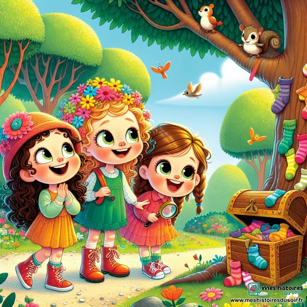 Trois filles de six ans se tiennent dans un parc ensoleillé, entourées de grands arbres. Zoé, aux cheveux bruns et bouclés, porte un chapeau en forme de fleur et imite le chant des oiseaux. Léa, avec ses cheveux blonds tressés et un parapluie jaune, regarde le ciel, prête à attraper une surprise. Mia, aux cheveux châtains et lisses, observe le sol avec curiosité, intriguée par un vieux coffre en bois qu'elles viennent de découvrir. Le parc est rempli de fleurs multicolores et de pelouses verdoyantes. Les trois copines rient en découvrant le coffre rempli de chaussettes, créant un arbre décoré de chaussettes colorées, symbole de leur amitié et de leur sens de l'humour.