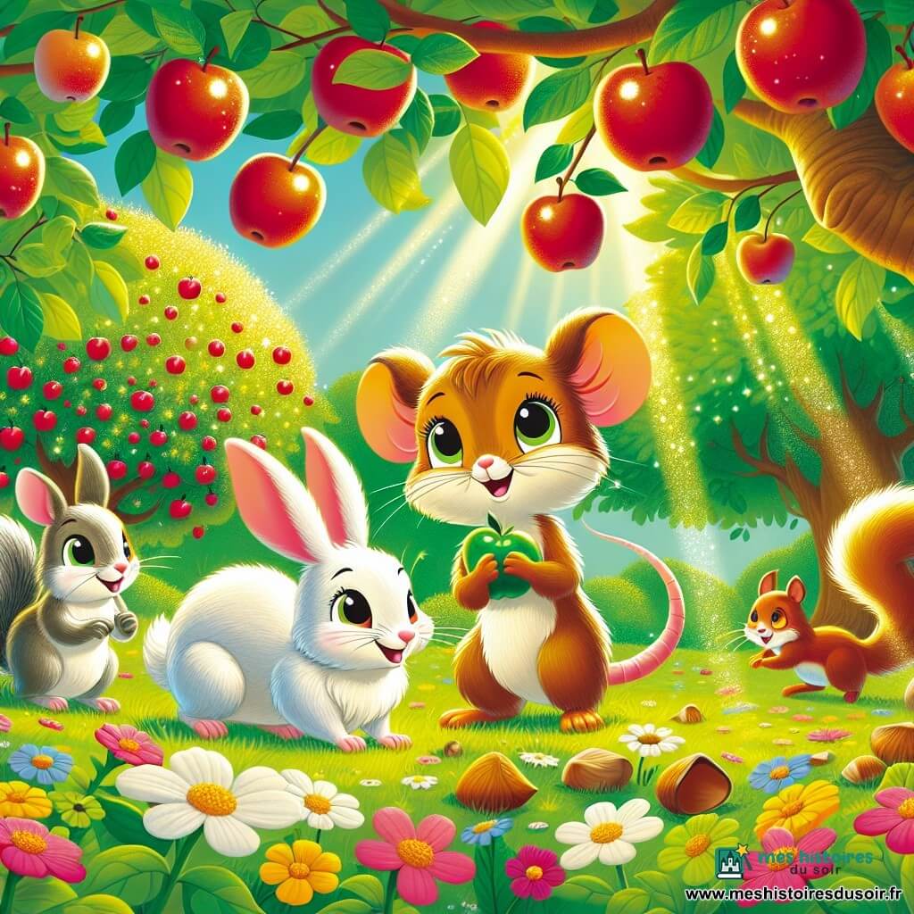 Mina la souris, vive et curieuse, se tient au centre de la scène avec un sourire, tenant une étiquette mystérieuse. À ses côtés, Léo le lapin, joyeux et enthousiaste, est prêt à l'aider. Cora l'écureuil, un peu en arrière, grignote une noisette avec un air malicieux. Le décor est une clairière ensoleillée, entourée d'arbres verts et d'un vieux pommier chargé de pommes rouges, avec des fleurs colorées au sol. La scène montre Mina et ses amis en pleine enquête, cherchant des indices sous le pommier, dans une ambiance d'aventure et de camaraderie.