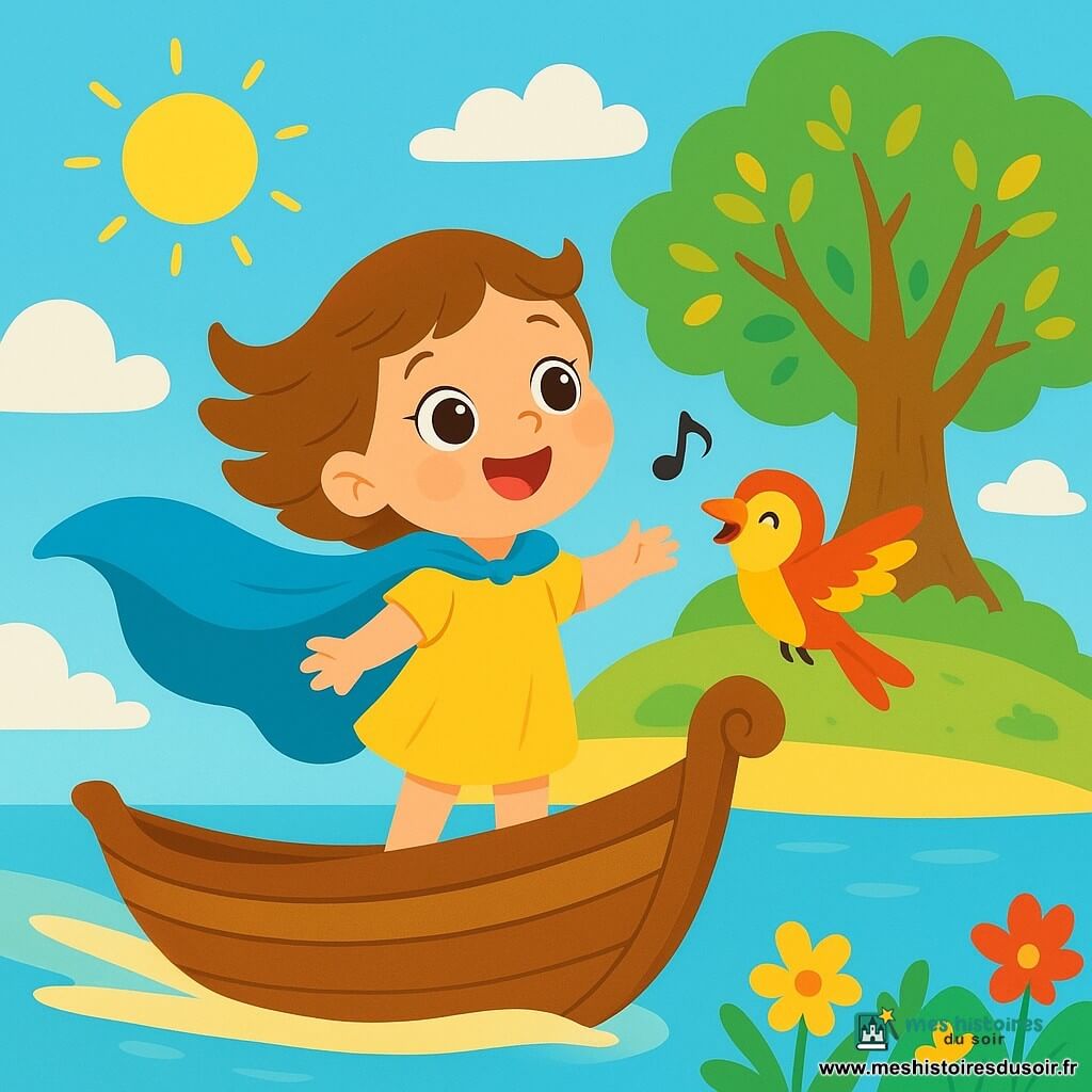 Une petite fille de 2 ans, nommée Lina, porte une cape bleue et se tient sur le pont d'un bateau magique, les cheveux au vent, regardant le ciel avec excitation. À ses côtés, un oiseau coloré, le capitaine du bateau, vole joyeusement autour d'elle. En arrière-plan, un grand arbre amical se dresse sur une île lumineuse. Le ciel est bleu clair avec des nuages blancs et des rayons de soleil illuminent la scène. Lina et l'oiseau naviguent joyeusement dans le ciel, prêts à explorer l'île magique pleine de surprises.