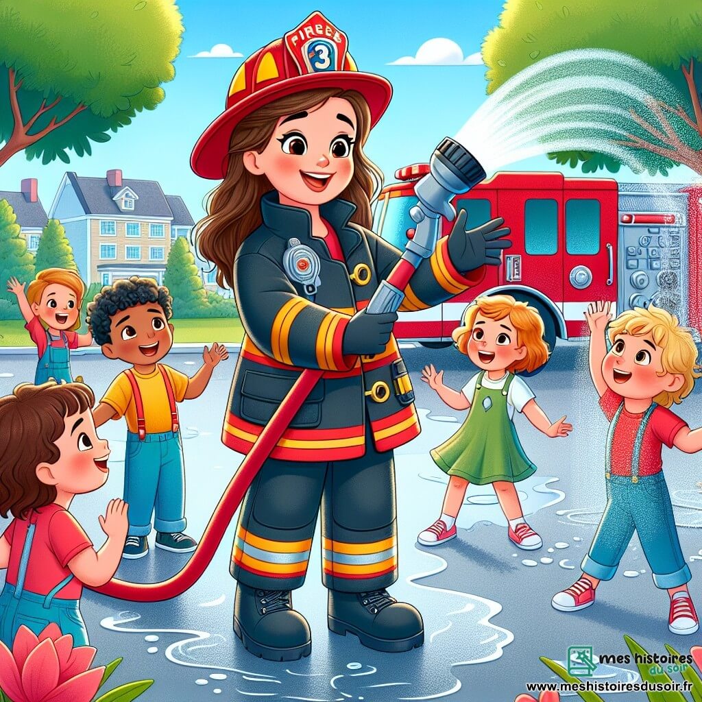 Clara, une femme pompier souriante, porte un grand casque rouge et une veste brillante. Elle montre aux enfants comment utiliser une lance à eau, avec des éclaboussures d'eau autour d'elle, exprimant de la joie. Léo, un garçon de 7 ans, se tient à sa droite, tenant une lance à eau avec précaution. À gauche, Mia, une fille de 6 ans, regarde avec admiration, riant et sautillant sur place. La scène se déroule dans un parc ensoleillé, avec des arbres et des fleurs colorées. En arrière-plan, un camion de pompier rouge est garé, entouré d'enfants captivés par la démonstration de Clara. La situation illustre l'enseignement de la sécurité tout en s'amusant avec l'eau, créant une ambiance joyeuse et éducative.