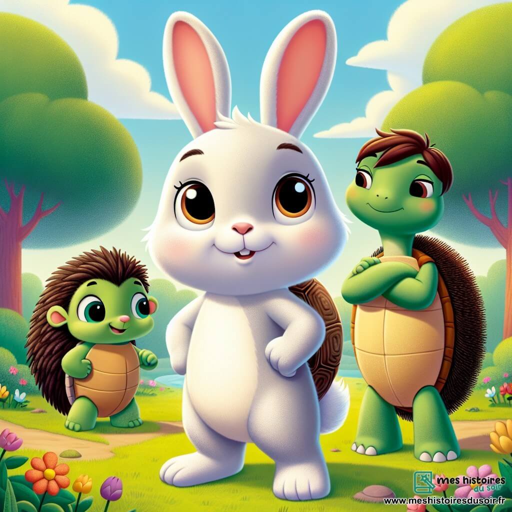 Au centre de l'image, Joyeux, un petit lapin à la fourrure blanche, se tient debout sur ses pattes arrière, affichant détermination et courage. À sa droite, Benjamin le hérisson, avec un sourire amical, l'encourage avec une patte levée. En arrière-plan, Lily la tortue, observant avec bienveillance, affiche une expression de sagesse. La scène se déroule dans une prairie ensoleillée, pleine de fleurs et de grands arbres, sous un ciel bleu avec des nuages blancs. Joyeux prend la parole pour parler du harcèlement qu'il a subi, tandis que Benjamin et Lily l'écoutent attentivement, prêts à le soutenir.
