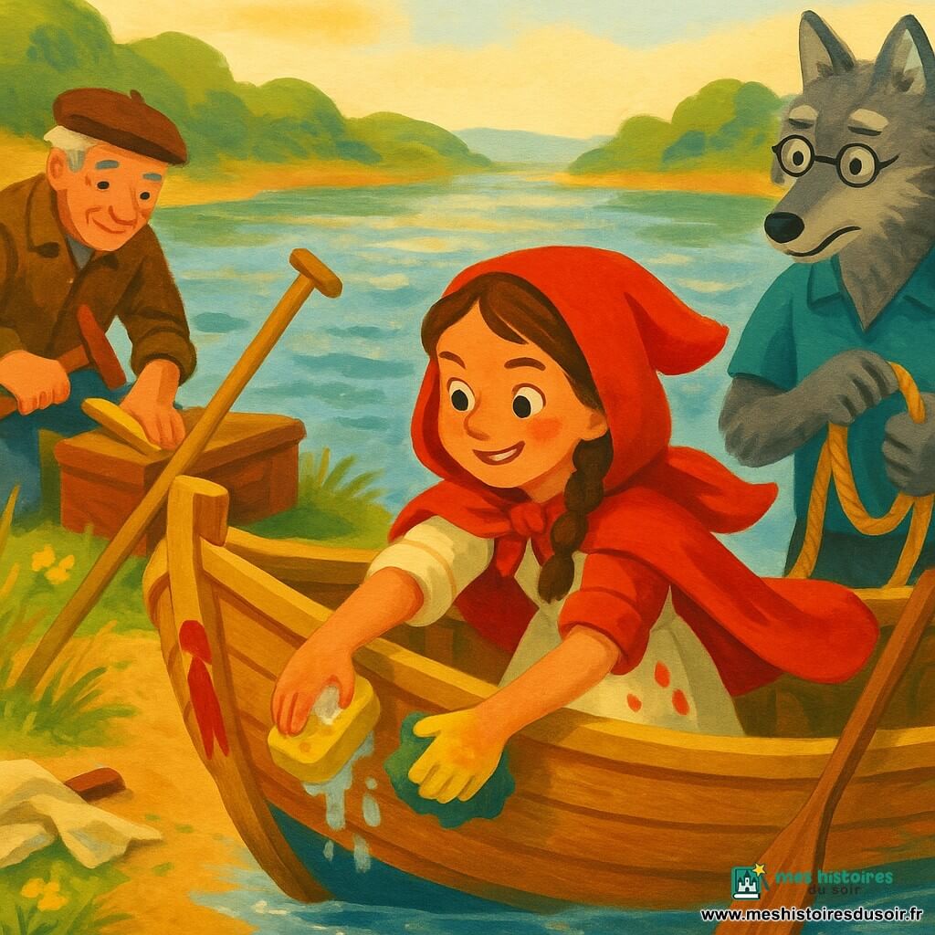 Le Petit Chaperon rouge, tresse brune et cape rouge vif, sourit déterminée en frottant la coque d'une barque restaurée, robe crème tachée de peinture et mains savonneuses; le passeur âgé, visage ridé et béret brun, cloue doucement une planche sur la rive en regardant la fillette; le loup anthropomorphe gris, lunettes rondes, tient une corde et aide maladroitement de l'autre côté; la barque au centre, bois brossé encore humide avec une proue peinte d'un petit chaperon, corde enroulée et une rame appuyée; rive herbeuse aux joncs dorés, eau argentée miroitante, outils et chiffon; scène collective de mise à l'eau aux gestes coopératifs, palette gouache chaleureuse et lumière douce du matin, textures de pinceau et éclaboussures d'eau.