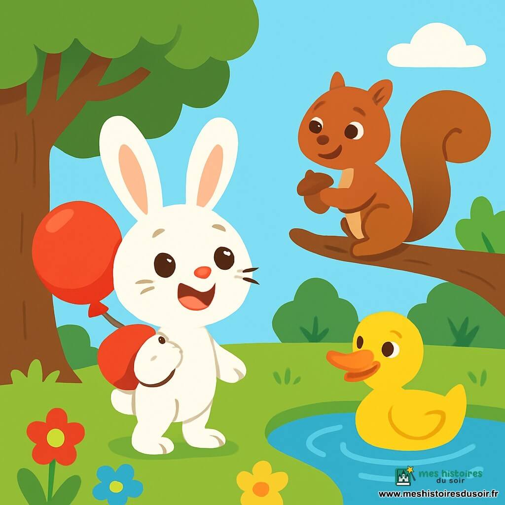 Petit Lapin, un adorable lapin aux grandes oreilles et à la fourrure blanche, se tient debout sur ses pattes arrière, les yeux brillants d'excitation et un sourire joyeux. Il tient un ballon rouge dégonflé sur son dos, prêt à partir à l'aventure. À côté de lui, Écureuil, un petit rongeur aux poils bruns et à la queue touffue, est assis sur une branche, grignotant une noisette. Un peu plus loin, Canard, un canard jaune aux plumes brillantes, nage dans l'étang, prêt à aider ses amis. La scène se déroule dans une clairière ensoleillée, entourée d'arbres verts et de fleurs colorées, avec un ciel bleu clair. Petit Lapin et ses amis enquêtent pour retrouver le propriétaire du ballon rouge, échangeant des idées et des rires dans une ambiance joyeuse.