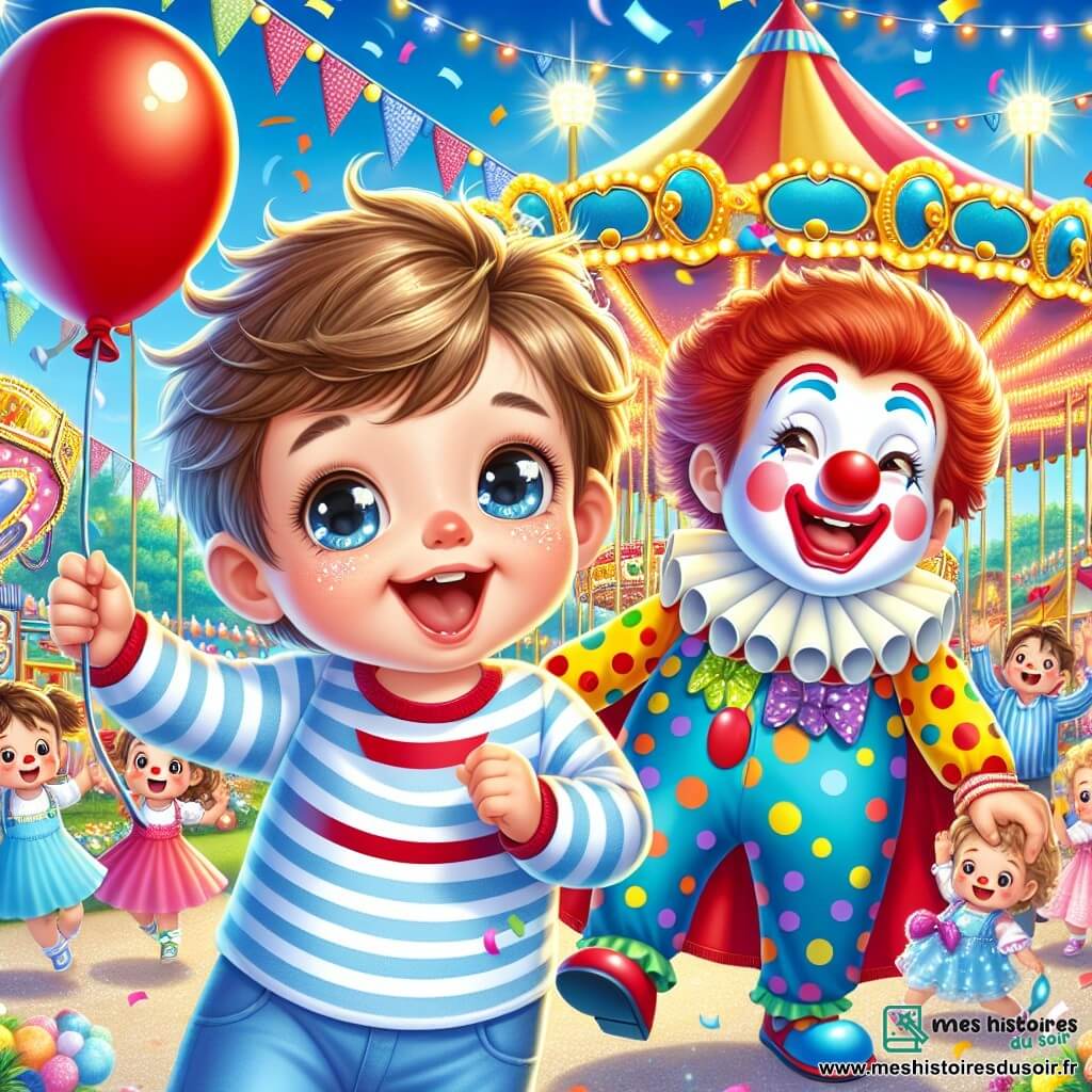 Léo, un petit garçon de 2 ans avec des cheveux bruns en bataille et des yeux pétillants, tient un ballon rouge et sourit largement en dansant au carnaval. À ses côtés, un clown d'environ 30 ans, portant un grand nez rouge et un costume coloré, fait des grimaces tout en tenant un bouquet de ballons multicolores. En arrière-plan, une tente colorée est décorée de guirlandes lumineuses et de drapeaux, avec des fées dansantes en robes scintillantes. La scène se déroule dans un parc animé avec des jeux, des manèges et des rires d’enfants, créant une atmosphère festive et magique. Léo s’amuse avec le clown, entouré de ses amis.