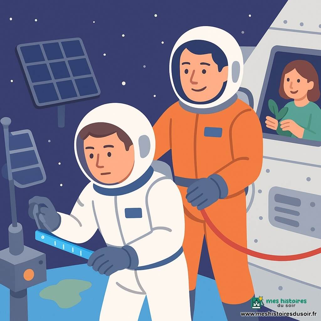 Un astronaute d’une trentaine d’années, visage rond et cheveux bruns visibles sous son casque entrouvert, mesure une vis sur une antenne spatiale avec une petite règle lumineuse bleue pendant qu’un collègue d’environ 35 ans en combinaison orange le sécurise avec une corde d’attache, visage rassurant ; une jardinière d’environ 28 ans apparaît sur un petit écran en touchant une feuille dans un pot ; scène extérieure d’un vaisseau blanc et gris avec panneaux solaires bleu foncé, Terre ronde en arrière-plan et étoiles, sortie spatiale prudente et collaborative aux gestes lents, outils lumineux et repères jaune et rouge, formes simples et couleurs douces et contrastées pour la lisibilité enfantine.