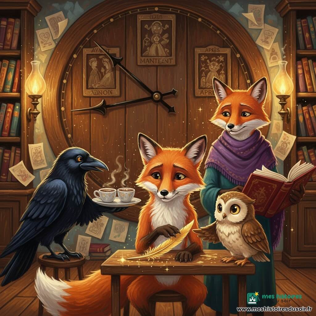 Un renard roux svelte, pelage lustré et regard curieux, est assis à une petite table en bois, la patte posée sur une plume d’or brillante qu’il tient délicatement; une jeune chouette crème et brune, yeux écarquillés et sourire malicieux, se tient sur son épaule et pointe la plume du bout de l’aile; Madame Sélène, renarde âgée au châle violet et au regard bienveillant, se tient debout derrière la table, une patte sur un grand livre ouvert; un corbeau serveur noir au bec luisant apporte un plateau avec deux tasses de chocolat fumant; en arrière-plan, une immense horloge murale en bois foncé occupe la moitié du mur, avec les mots « AVANT — MAINTENANT — APRÈS » gravés à la place des chiffres; l’intérieur du café est chaleureux (plancher en lattes, lampes à huile dorées, étagères remplies de livres et papiers flottants); la plume d’or scintille comme une étoile, laissant des traces dorées et une fine lueur autour des personnages; atmosphère douce et animée, gestes prudents et décision en suspens; style peinture acrylique, coups de pinceau visibles, couleurs riches et contrastées (rouges chauds, bruns profonds, dorés, touches de violet et bleu nuit).