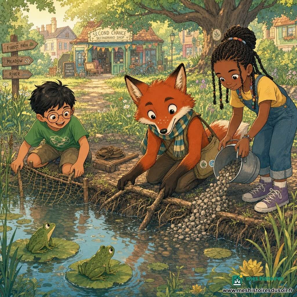 Un renard anthropomorphe roux au pelage brillant et taches blanches, portant une écharpe à rayures et un sac en tissu, agenouillé au bord d’une mare en train de stabiliser la berge avec une branche ; à sa droite une petite fille à la peau foncée et cheveux tressés verse des cailloux d’un seau, à sa gauche un garçon aux lunettes rondes enfonce un vieux filet pour abriter des grenouilles ; deux grenouilles vertes sur des nénuphars observent la scène dans l’eau peu profonde. La mare, à la lisière d’une forêt claire, présente eau légèrement boueuse, nénuphars, roseaux, berges terreuses et racines, quelques fleurs sauvages et un chemin herbeux menant au village où l’on aperçoit une boutique de seconde main et un grand chêne sous un ciel matinal aux rayons dorés. Scène collective et apaisée de réparation de la mare, gestes calmes, outils simples, palette pastel chaude, contours doux, vue légèrement plongeante centrée sur le renard.
