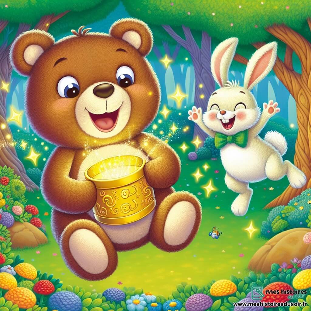 Barnabé, un ours en peluche doux et rond avec un pelage brun et des yeux curieux, flotte dans les airs, souriant et tenant une petite boîte dorée. À ses côtés, Georges le lapin, malicieux avec ses grandes oreilles et son pelage blanc, rit en essayant de toucher la boîte magique. La scène se déroule dans une forêt enchantée où les arbres aux troncs tordus dansent au rythme d'une douce mélodie, entourés de fleurs colorées. Barnabé et Georges s'amusent à découvrir les effets magiques de la boîte, tandis que des éclats de poussière scintillante tourbillonnent autour d'eux, créant une atmosphère féerique.