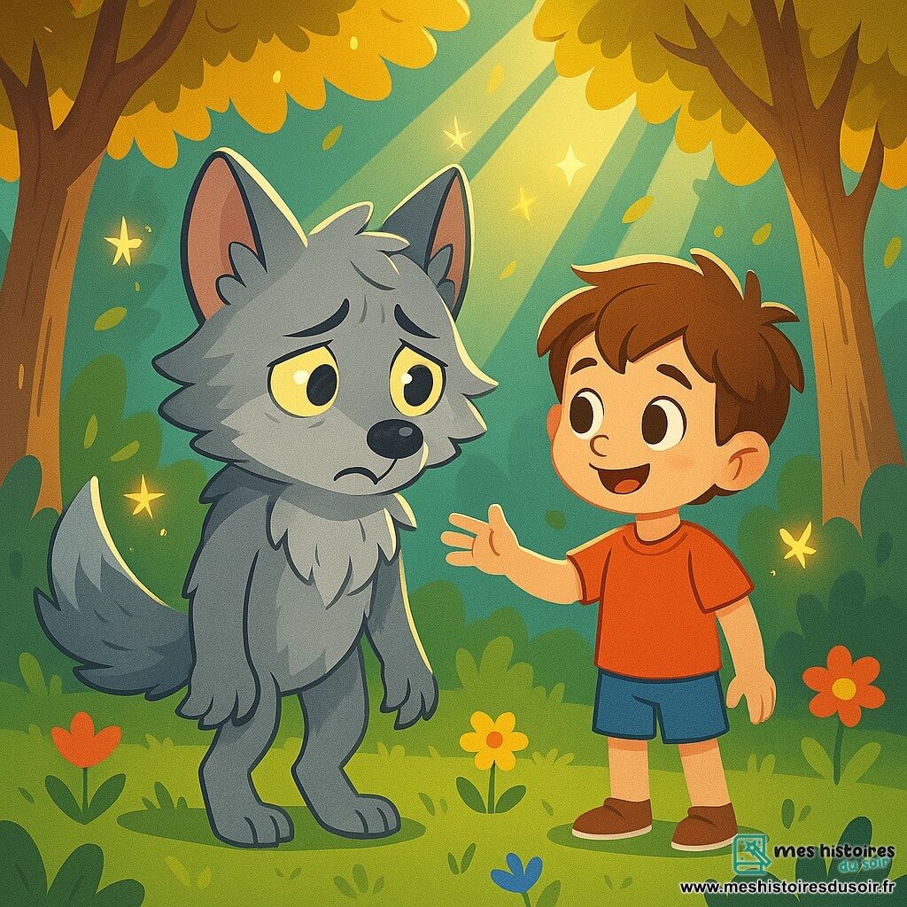 Un loup-garou aux yeux brillants et au pelage argenté, avec une expression triste et inquiète, se tient au centre d'une clairière. Il cherche sa meute. À ses côtés, un petit garçon de 8 ans nommé Tom, avec des cheveux châtains en bataille et un sourire amical, tend la main vers lui pour lui offrir de l'aide. Tom porte un t-shirt rouge et un short bleu, debout sur l'herbe verte entourée de fleurs colorées. La clairière est ensoleillée, entourée d'arbres majestueux aux feuilles dorées, tandis que des fées scintillantes volent autour d'eux. La scène montre Tom réconfortant le loup-garou perdu, sous des rayons de lumière filtrant à travers les branches, créant une ambiance chaleureuse.