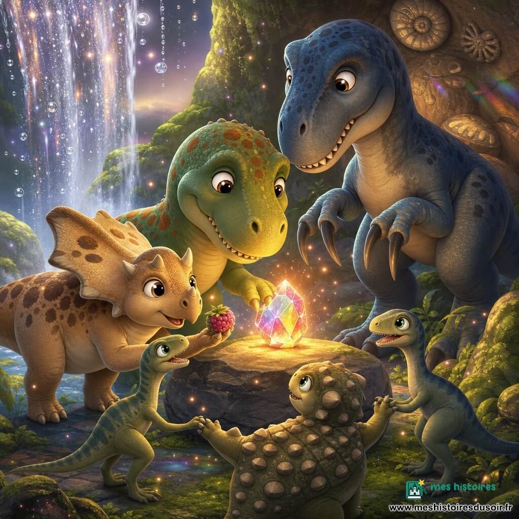 Jeune Tyrannosaure rond aux écailles vert tendre et taches rouille, souriant et bienveillant, pose un petit cristal multicolore sur une pierre plate près d'une cascade ; à sa gauche, Nao le protocératops timide beige et marron tend une baie vers le cristal tandis qu'un baryonyx bleu‑gris massif et hésitant observe en retrait; deux compsognathus frêles et un ankylosaure trapu forment un cercle, pattes jointes, visages étonnés et joyeux; la cascade étincelle avec rideaux d'eau argentée, gouttelettes perlées, roches moussues et reflets arc‑en‑ciel sur les murs d'une cavité fossile; le cristal Lumi diffuse une lueur dorée et rosée, petites étincelles flottent, ambiance chaleureuse et magique au crépuscule, couleurs douces, textures lisses et composition centrée sur le cristal et les expressions des dinosaures.
