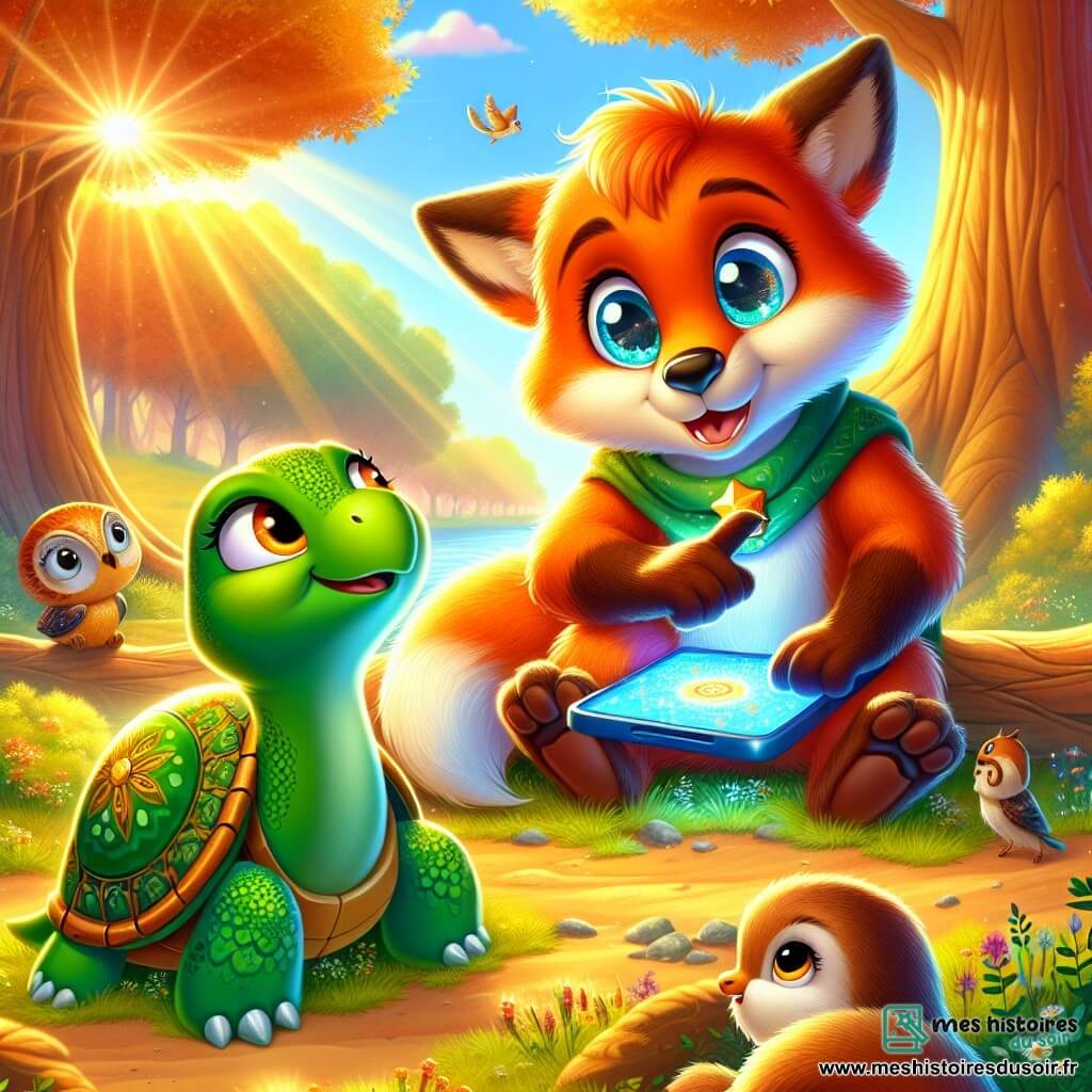 Léo, un jeune renard roux aux yeux pétillants, est assis sur un tronc d’arbre avec sa tablette. À côté de lui, Madame Tortue, une tortue sage avec une carapace verte et dorée, lui montre un grand panneau coloré sur les écrans, avec une expression encourageante. La scène se déroule dans une clairière ensoleillée, entourée d’arbres aux feuilles dorées et de fleurs sauvages, où des oiseaux chantent. Léo écoute Madame Tortue expliquer les effets des écrans sur les yeux des animaux, tandis que d'autres amis de la forêt, comme des hiboux et des écureuils, se rassemblent autour d'eux, curieux.