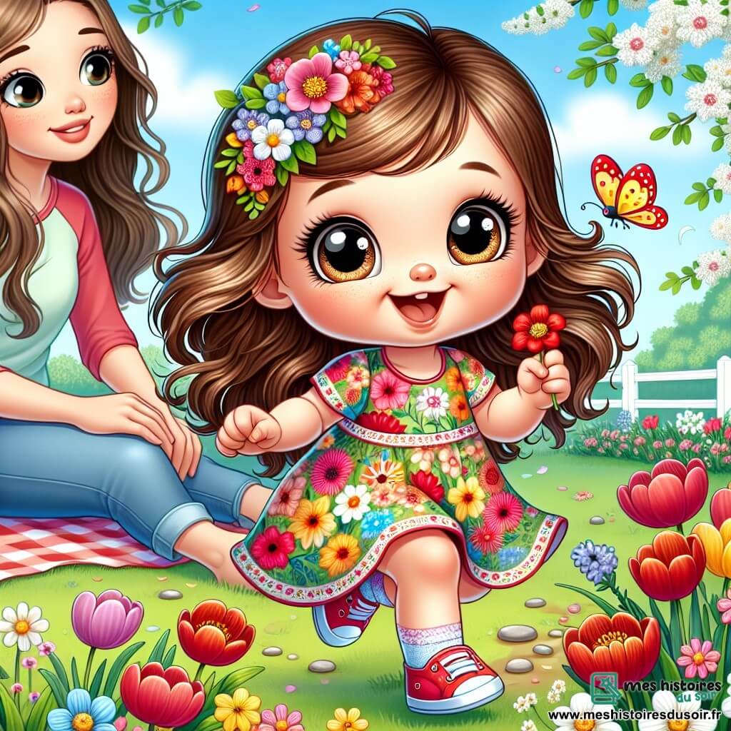 Une petite fille d'un an, avec de grands yeux brillants et des cheveux bouclés châtains, sourit en sautillant dans un jardin fleuri. Elle porte une robe colorée à motifs floraux et tient une petite fleur rouge. À côté, sa maman d'environ 30 ans, avec des cheveux longs et lisses, vêtue d'un t-shirt léger et d'un jean, l'observe avec tendresse, assise sur une couverture de pique-nique. Le jardin est rempli de fleurs éclatantes : tulipes rouges, jonquilles jaunes et marguerites blanches, sous un ciel bleu clair avec quelques nuages. La petite fille joue à une chasse au trésor, cherchant des fleurs et des cailloux, tandis qu'un papillon coloré vole autour d'elle, ajoutant une touche de magie à cette scène printanière.