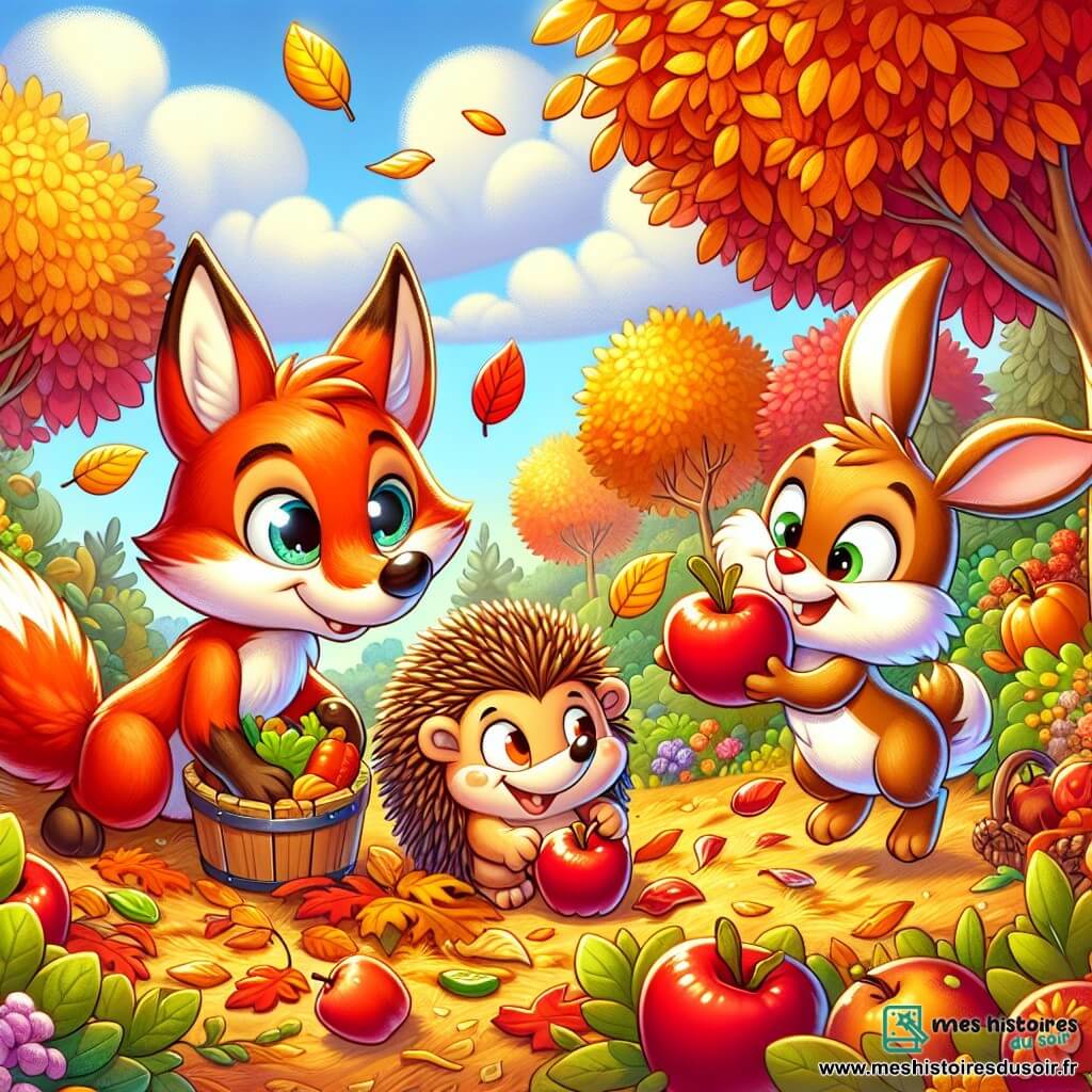 Dans un jardin coloré en automne, un renard nommé Félix, avec un pelage roux et des yeux pétillants, ramasse des feuilles dorées. Il sourit, émerveillé par les couleurs vives. À ses côtés, Pierre le hérisson ramasse des pommes rouges, concentré mais heureux. Léa la lapine, aux grandes oreilles blanches, saute joyeusement près d'eux avec une carotte. Le jardin est rempli d'arbres aux feuilles flamboyantes et de fruits mûrs, créant une atmosphère chaleureuse. La scène montre Félix, Pierre et Léa préparant leur jardin pour l'hiver, riant et partageant des histoires, entourés de la beauté de l'automne.