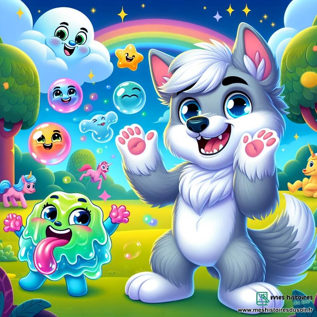 Au centre de l'image, un loup-garou amical nommé Loupie, avec un pelage gris clair et un grand sourire, est en train de rire aux éclats tout en se transformant en loup. À côté de lui, Gigi le Gélatineux, un personnage coloré en gélatine, raconte une blague, entouré de bulles de savon. La scène se déroule sur la grande place de Rigolopolis, décorée d'arbres souriants et de créatures fantastiques, sous un ciel bleu avec des nuages amusants et des confettis colorés. Loupie et Gigi participent à un concours de blagues, créant une ambiance joyeuse et festive.