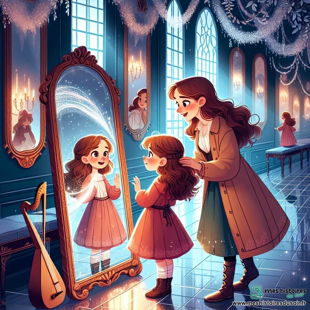 Éloïse, une jeune femme aux yeux pétillants et aux cheveux châtains ondulés, se tient devant un miroir magique dans la Galerie des Miroirs. Elle exprime une curiosité émerveillée en touchant la surface du miroir, où des reflets scintillants dansent. À ses côtés, Lila, une musicienne d’environ 25 ans, joue de sa petite harpe, ses doigts caressant les cordes, tout en souriant à Éloïse. La galerie est enchantée, avec des murs en verre poli et des miroirs entourés de lierre argenté, créant une atmosphère magique. Éloïse et Lila chantent ensemble, unissant leurs voix pour révéler la vérité, tandis qu'un fil de lumière émerge du miroir, illuminant un chemin à retrouver.