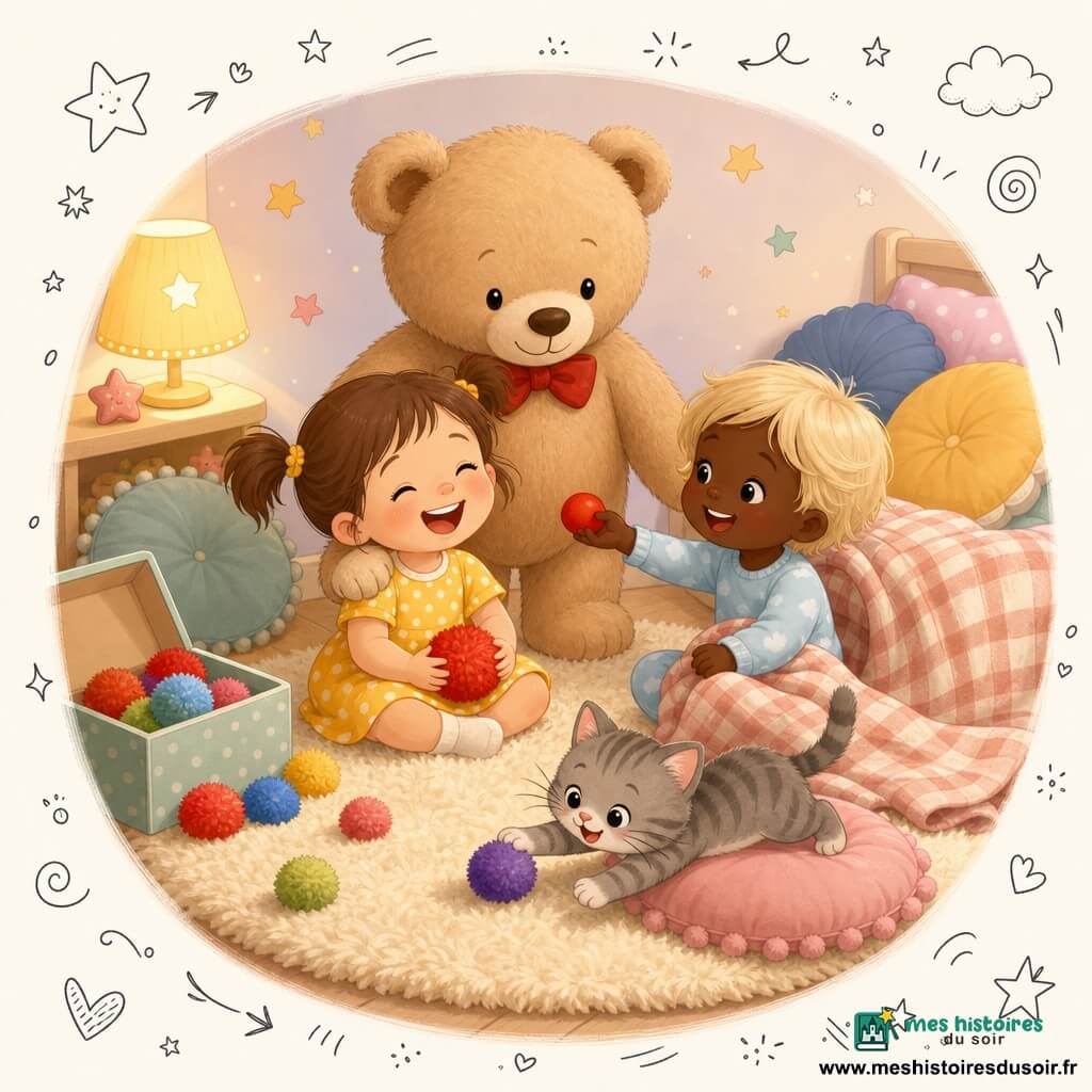 Quatre personnages : Léa, 4 ans, cheveux bruns en couettes, robe jaune à pois blancs, assise à gauche sur le tapis, tient un pompon rouge et rit ; Mia, 3 ans, cheveux blonds courts, pyjama bleu ciel, assise à droite sous une couverture, tend un nez de clown en mousse et sourit ; Monsieur Nounours, grand nounours beige à nœud papillon rouge, debout derrière elles, patte sur l’épaule de Léa ; un petit chat gris rayé, couché sur un coussin rose devant elles, bondit vers un pompon. Lieu : chambre d’enfant chaleureuse avec tapis crème moelleux, murs pastel étoilés, petite lampe jaune, boîte ouverte de pompons colorés, coussins ronds et couverture à carreaux. Situation : les filles rient en jouant tandis qu’une pluie de pompons tombe de la boîte ; Nounours veille protecteur ; le chat joue ; ambiance calme, joyeuse, aux couleurs chaudes et formes rondes.