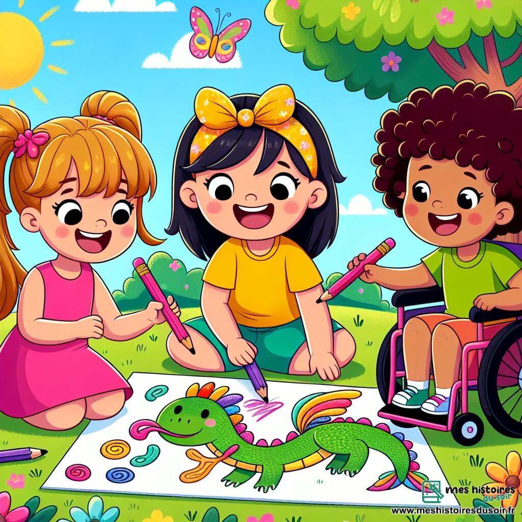 Trois filles joyeuses sont assises sur l'herbe d'un parc ensoleillé. À gauche, Lila, 7 ans, porte une robe rose et dessine avec un crayon. Au centre, Zoé, 8 ans, avec des cheveux bouclés et un t-shirt jaune, trace des ailes colorées pour leur dragon. À droite, Clara, 7 ans, souriante dans un fauteuil roulant, ajoute des bonbons sur le dessin. Le parc est rempli de fleurs multicolores, de grands arbres et d'un ciel bleu. Les filles créent un dragon joyeux avec des bonbons sur ses ailes, riant et célébrant leur amitié à travers leur dessin.