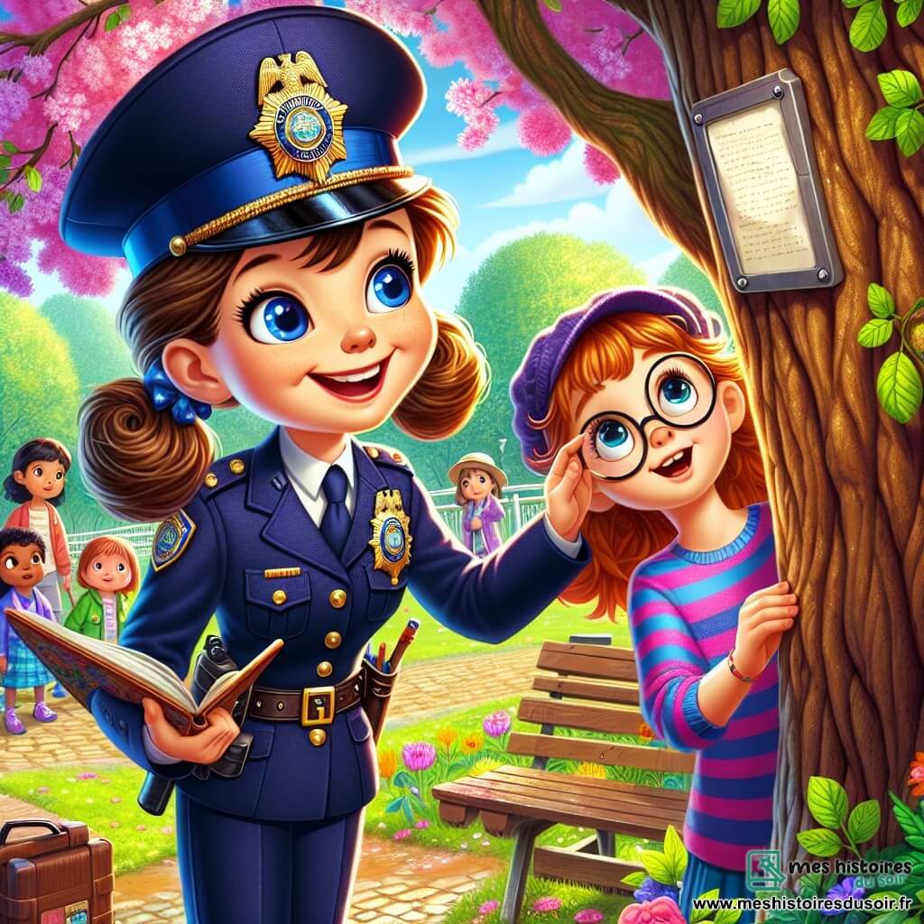 Clara, une policière souriante en uniforme bleu marine, se tient à côté d'un grand chêne dans un parc fleuri. Elle est joyeuse et déterminée, prête à résoudre un mystère. À ses côtés, Pauline, une petite fille de 8 ans avec des lunettes rondes et des cheveux châtains en couettes, observe un message accroché à l'arbre. Derrière elles, un groupe d'enfants âgés de 7 à 9 ans les regarde, certains avec des crayons et des carnets. Le parc verdoyant est rempli de fleurs et de bancs en bois, avec une fontaine éclaboussant doucement. Tous se penchent vers le chêne, curieux de découvrir le secret du message.
