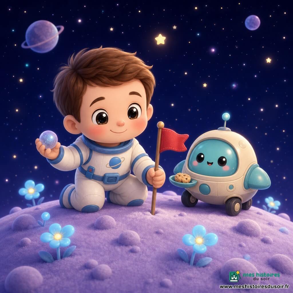 Homme souriant et apaisé au visage rond et cheveux châtains courts, en tenue spatiale blanche et bleue avec bottes rondes : il tient une petite pierre brillante dans la main gauche et plante un petit drapeau rouge de tissu dans le sol avec la droite. Même homme aux yeux grands et étincelants et joues roses, expression douce. Petit vaisseau-compagnon anthropomorphe crème et turquoise, rond, posé sur trois roues près de lui, affiche une petite bouche souriante sur sa cabine vitrée et présente une miette de biscuit. Décor : petite planète au sol velouté lavande pâle avec bosses douces et petites fleurs luminescentes bleues, ciel étoilé profond; scène centrée, chaleureuse, couleurs pastel, éclairage doux et contours arrondis, ambiance simple pour enfants.