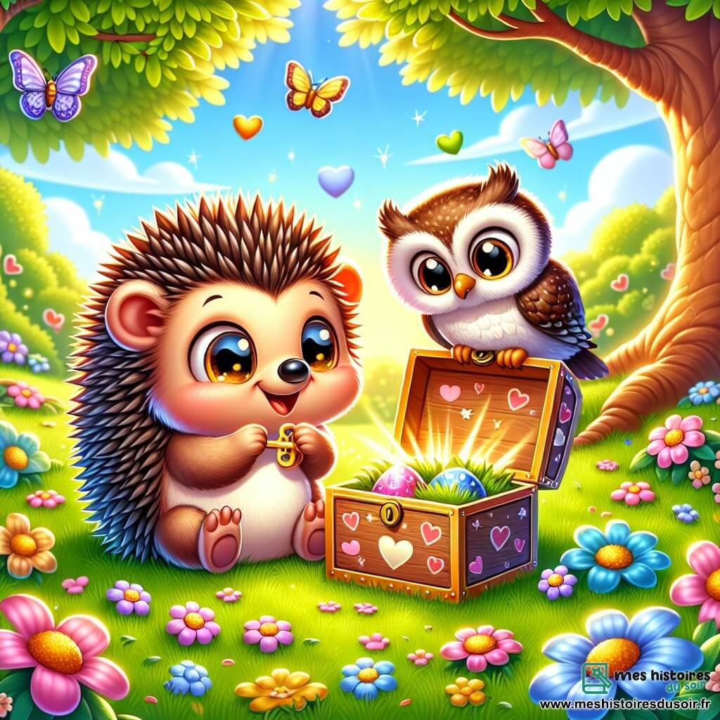 Petit Hérisson, un petit animal aux piquants doux et au ventre rond, est assis sur l'herbe verte, les yeux brillants d'excitation et un grand sourire. Il tient une petite clé dorée dans ses pattes avant, regardant une boîte décorée de cœurs et d’étoiles. Hibou, un oiseau sage aux plumes brunes et aux grands yeux ronds, est perché sur une branche au-dessus de lui, curieux et joyeux. Le jardin est ensoleillé, rempli de fleurs colorées et d'un grand arbre. La boîte mystérieuse est sur la pelouse, entourée de pétales de fleurs. Petit Hérisson et Hibou découvrent ensemble la boîte, prêts pour une aventure à la recherche d'un trésor caché.