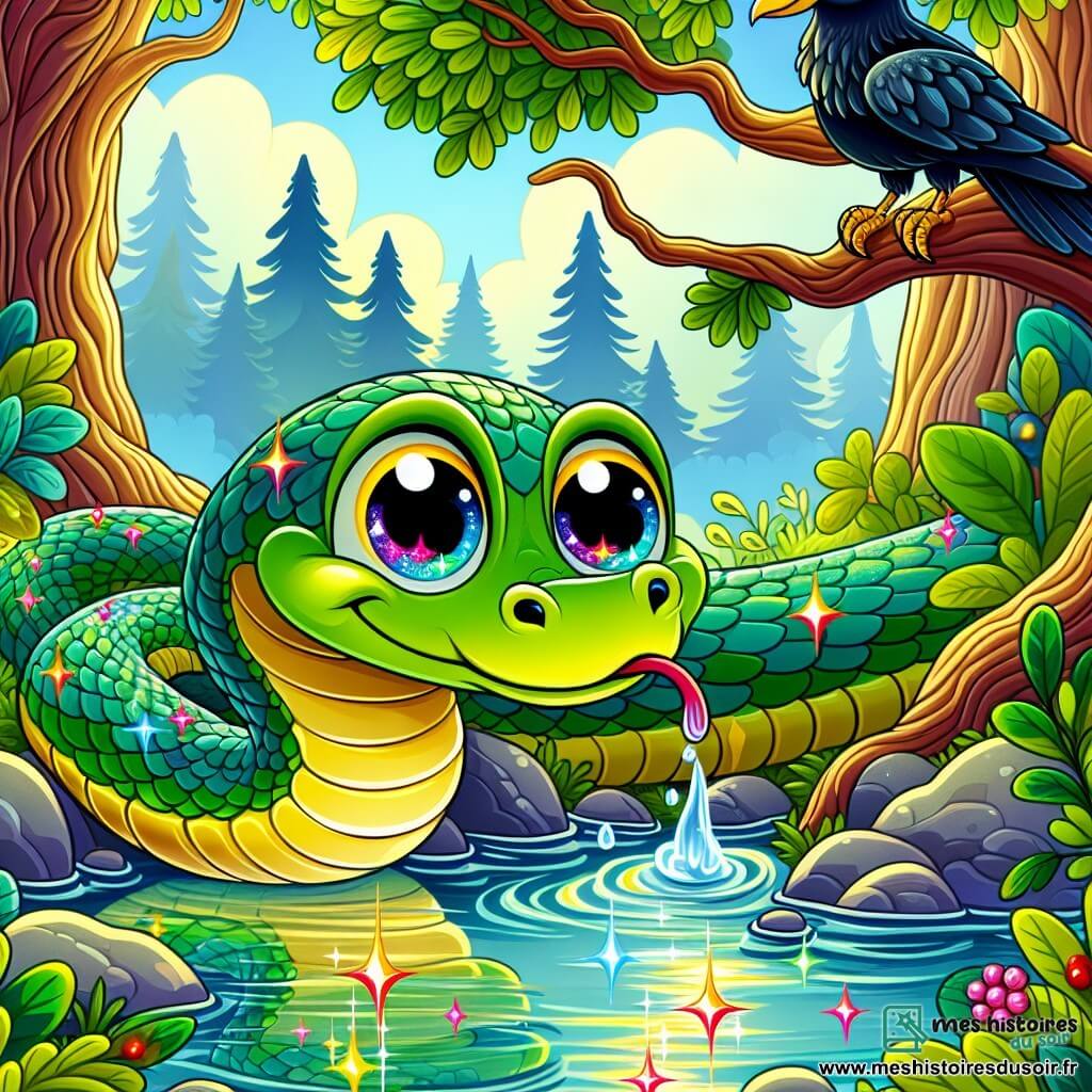 Un serpent nommé Serpy, aux écailles vertes et dorées, avec de grands yeux curieux et un sourire rêveur, se penche au-dessus d'une rivière scintillante. Il semble émerveillé, comme s'il venait de découvrir un trésor caché. À côté, un corbeau noir aux plumes brillantes, amical et curieux, se perche sur une branche, observant Serpy. La scène se déroule dans une forêt luxuriante, avec des arbres majestueux et des fleurs colorées. Serpy boit de l'eau de la rivière mystique, prêt à réaliser ses rêves, tandis que le corbeau l'encourage avec admiration.