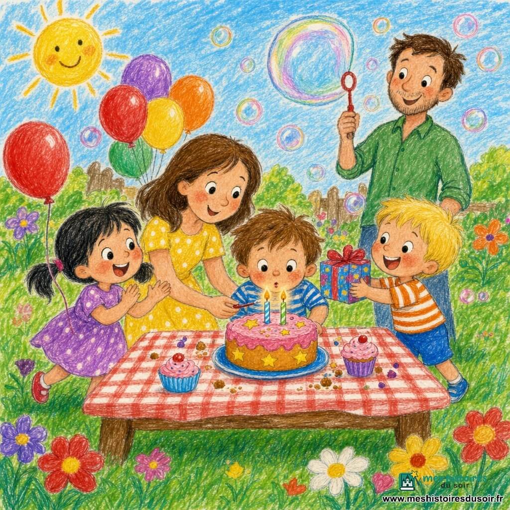 Léo, 2 ans, cheveux châtains, souffle les bougies d'un petit gâteau rose à deux bougies, sourire émerveillé; Mia, ~3 ans, cheveux noirs en couettes, tient un ballon rouge et applaudit; Lou, ~3 ans, cheveux blonds, tend un cadeau coloré; la maman en robe jaune à pois guide la bougie, le papa en chemise verte souffle une grosse bulle de savon; jardin ensoleillé avec pelouse, table à nappe à carreaux et ballons, bulles translucides, ambiance joyeuse et couleurs vives, style crayons enfantins.