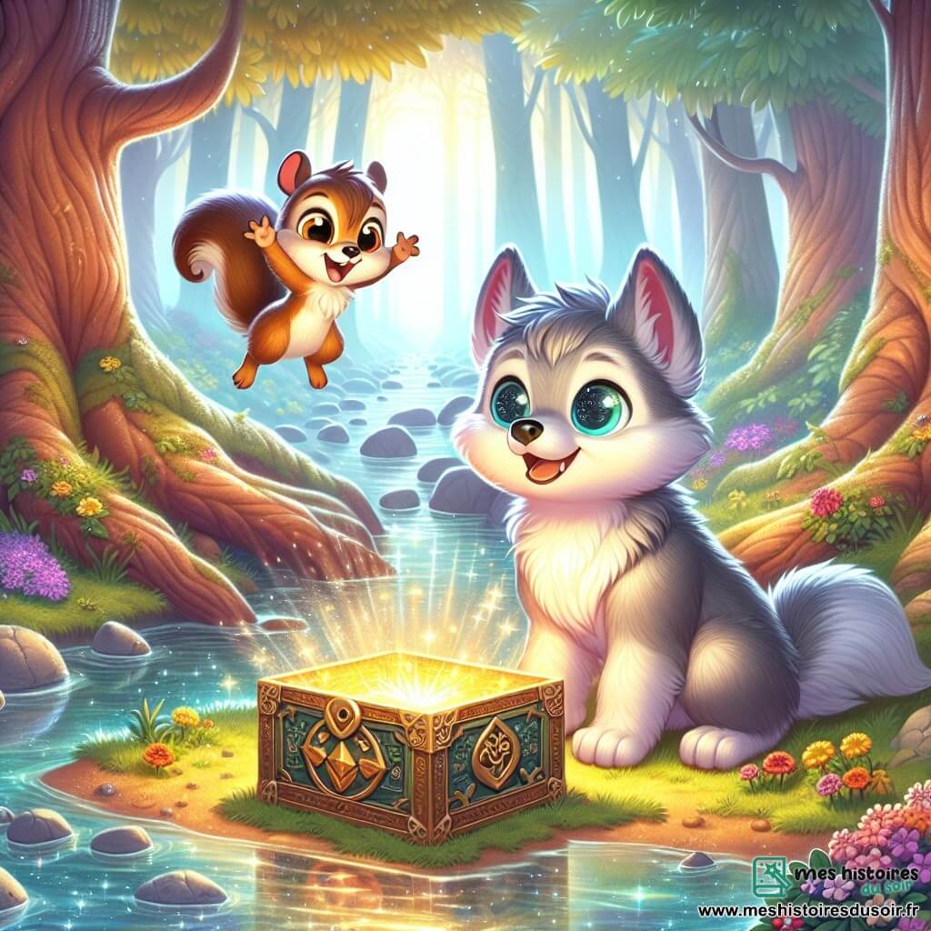 Un petit loup nommé Luno, avec un pelage gris argenté et des yeux pétillants, se tient au bord d'un ru scintillant, émerveillé par une boîte mystérieuse ornée de symboles, illuminée par une douce lumière dorée. À ses côtés, un petit écureuil nommé Chipo, avec un pelage brun et des yeux vifs, saute d'excitation en pointant la boîte pour encourager Luno à l'ouvrir. Ils se trouvent dans une forêt enchantée, avec des arbres majestueux, des feuilles vertes éclatantes et des fleurs colorées. Luno découvre la boîte magique, prêt à vivre une aventure incroyable, tandis que Chipo l'encourage avec enthousiasme.