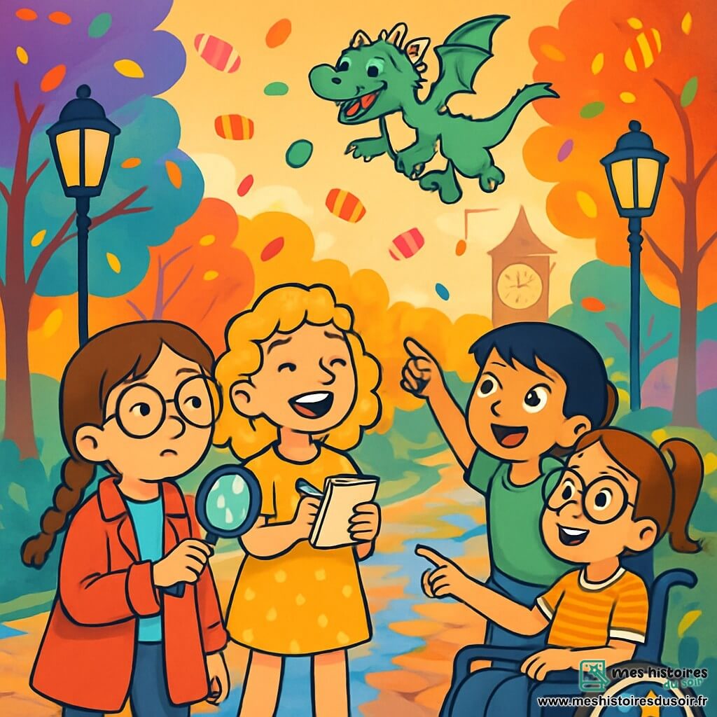 Quatre enfants se trouvent dans un parc magique à Verdelune. Mila, 10 ans, a des cheveux bruns en tresses, des lunettes rondes et un manteau rouge vif. Emma, également 10 ans, a des cheveux blonds bouclés, un grand sourire et porte une robe jaune à pois. Zoé, 10 ans, a des cheveux noirs courts et porte un t-shirt vert, elle pointe un dragon. Lila, 10 ans, a des cheveux châtains en queue de cheval et est en fauteuil roulant décoré de stickers. Le parc est rempli de lampadaires scintillants et d'arbres aux feuilles multicolores. Les enfants sont émerveillés par un petit dragon vert qui s'élève dans les airs, tandis que des bonbons colorés tombent du ciel, créant une ambiance joyeuse et féerique.