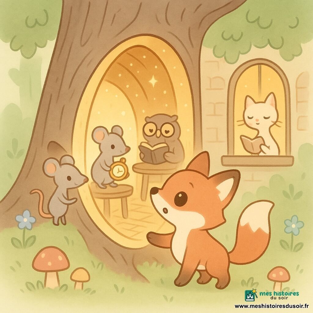 Rémy, petit renard roux au ventre blanc et air émerveillé, pénètre dans un passage temporel lumineux creusé dans un grand tronc fendu d’où s’échappe une lumière dorée et un tunnel de poussière d’étoiles menant à une rue pavée et un café littéraire cosy ; derrière lui, une petite souris grise tient une montre à engrenages dorée posée sur une table, un hibou aux lunettes feuillette un livre assis dans le café à gauche, et une chatte élégante au pelage crème récite un poème sur un rebord à droite ; clairière verdoyante aux herbes et fleurs bleues, couleurs chaudes pour le tunnel et verts/bruns doux pour la forêt, textures simples et formes arrondies, ambiance douce et pleine d’émerveillement.