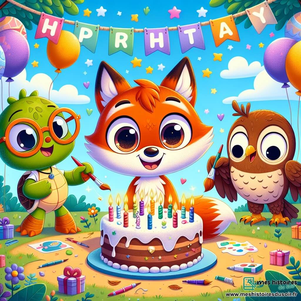 Un petit renard nommé Rémi, au pelage flamboyant et aux yeux malicieux, est au centre de l'image, souriant entouré de ballons colorés et d'un gâteau décoré de bougies. À sa droite, le hibou Henri, avec de grandes lunettes rondes et des plumes marron, tient une pancarte « Joyeux Anniversaire » ; il est heureux. À gauche, la tortue Tina, avec une carapace verte et des lunettes de soleil, peint une pancarte, concentrée mais joyeuse. Le décor est une cour d'école en pleine nature, avec des arbres, des fleurs colorées et un ciel bleu. Rémi découvre la surprise de ses amis, prêts à célébrer son anniversaire avec joie.
