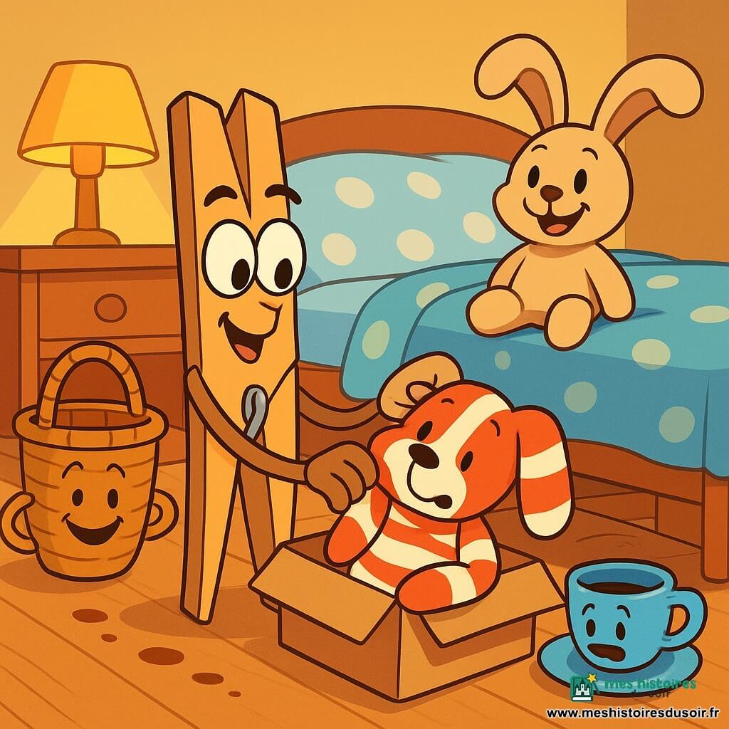 Croc-Croc, petite pince à linge anthropomorphe en bois clair aux yeux ronds noirs et carnet accroché, tire délicatement d’une boîte sous le lit un doudou rayé rouge et blanc un peu froissé et taché de chocolat ; le panier en osier souriant, la tasse bleue embarrassée et la peluche lapin beige curieuse regardent, tous surpris et soulagés dans une chambre d’enfant chaleureuse au parquet clair, couverture à pois et lumière douce, avec de petites traces de chocolat au sol.