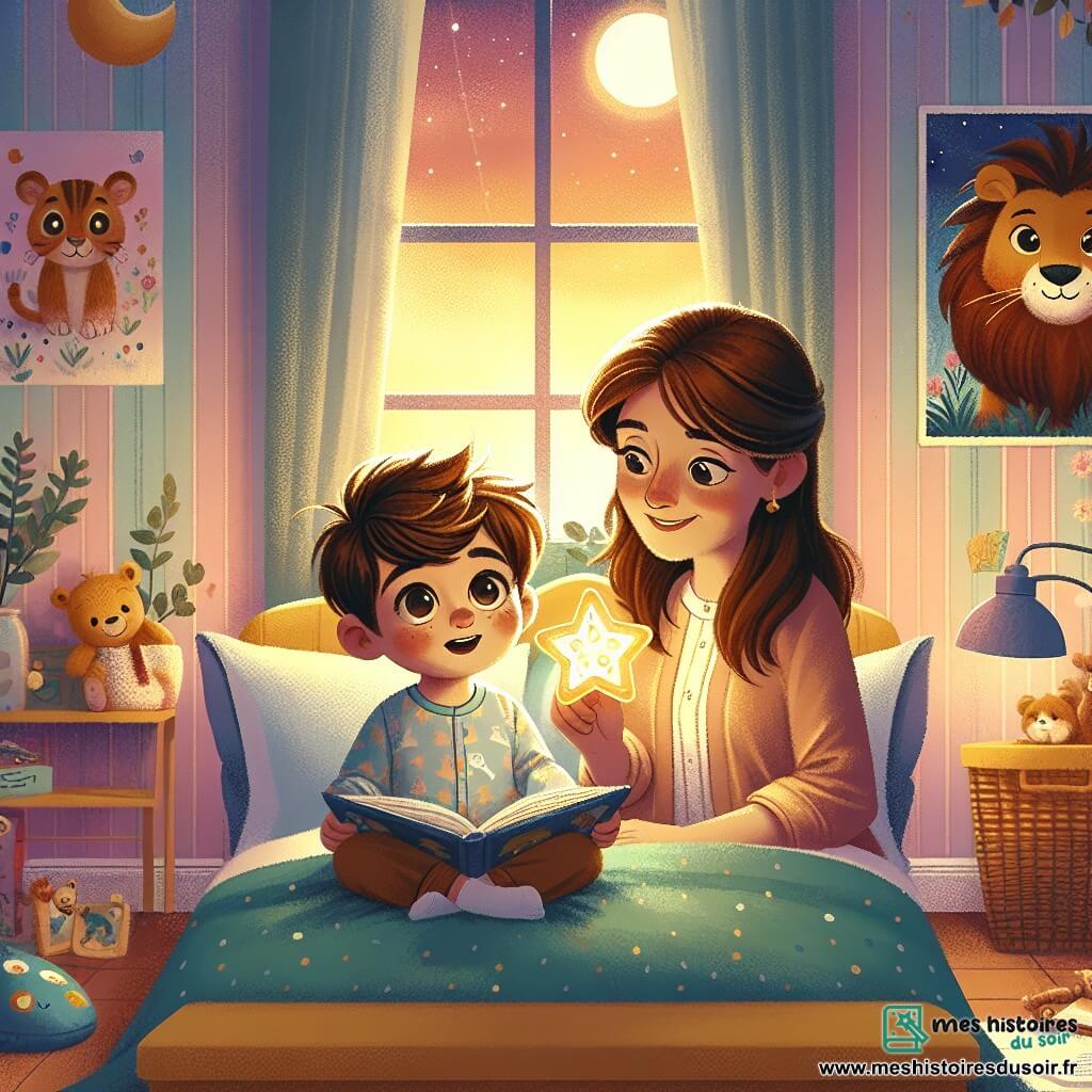 Un petit garçon de 2 ans, Lucas, avec des cheveux bruns en désordre et de grands yeux curieux, est assis sur son lit, affichant une expression d'inquiétude mêlée d'espoir. Il tient une veilleuse en forme d'étoile diffusant une douce lumière dorée. À ses côtés, sa maman, une femme d'une trentaine d'années avec des cheveux longs et châtains, lui sourit tendrement tout en lui lisant un livre d'histoires. La chambre est décorée de murs pastel, de posters d'animaux et de jouets éparpillés. Une lumière lunaire filtre par la fenêtre, ajoutant une touche magique. Lucas, un peu nerveux, est réconforté par sa maman qui lui lit l'histoire d'un lion courageux, Léo, surmontant sa peur du noir, tandis que la veilleuse crée une ambiance apaisante.