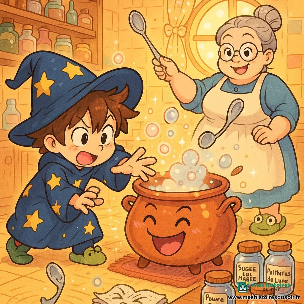 Léo, apprenti sorcier de 6 ans, porte un grand chapeau tombant sur les oreilles, cheveux bruns en bataille, robe bleu nuit étoilée, expression malicieuse et concentrée tandis qu'il tend la main en riant vers une grosse marmite en cuivre personnifiée (yeux rieurs, bouche ouverte «hi hi», bouillonnante, bulles scintillantes) qui a avalé le «Rire-Officiel». Madame Bibiche, maîtresse sorcière d'une quarantaine d'années, petite et ronde, cheveux gris en chignon et pantoufles grenouille, se tient derrière lui en souriant et montrant une cuillère volante. Sur la table, une cuillère patine, un livre éternue entrouvert et trois bocaux étiquetés «Sucre de Nuage», «Poivre qui danse», «Paillettes de Lune» laissent tomber de vraies paillettes. La cuisine magique est chaleureuse (carrelage coloré, étagères remplies de fioles, lumière dorée par une fenêtre ronde, rideau à pois, petit tapis usé). Scène centrale axée sur Léo et la marmite, action légère et dynamique, bulles et paillettes tourbillonnantes, ambiance drôle et ensorcelante, couleurs vives et pastel saturées, style manga aux traits doux et contours nets, expressions exagérées lisibles pour les enfants.
