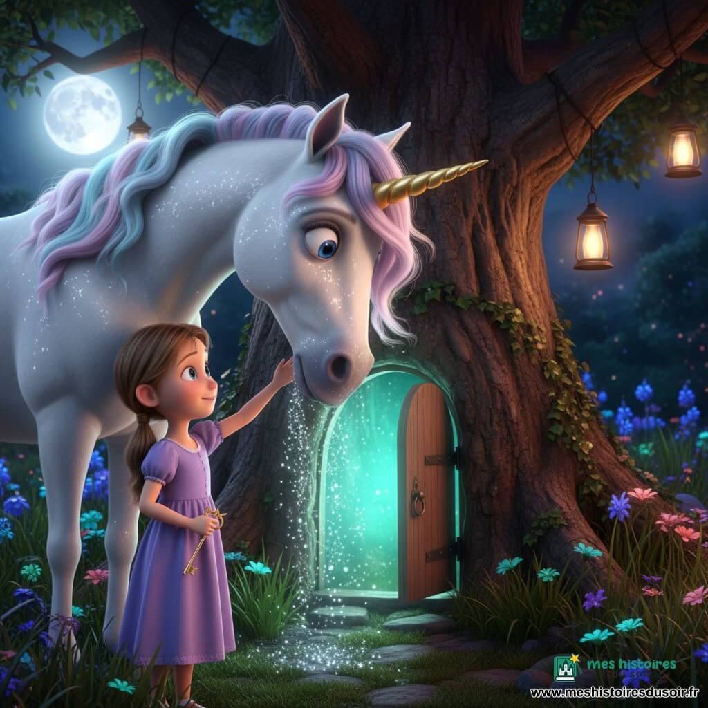 Une licorne blanche au pelage nacré et à la corne spirale dorée, crinière rose pâle et bleue, yeux brillants et expression émerveillée, penche la tête pour donner un doux coup de museau à une fillette de six ans aux couettes châtain clair, robe lavande, sourire timide; elle la caresse d’une main et tient de l’autre une petite clé en forme de licorne, devant une porte en bois ronde, incrustée dans un vieux tronc et entrouverte, laissant filtrer une lumière turquoise et des particules scintillantes dans un jardin nocturne d’herbes hautes, fleurs phosphorescentes et lanternes suspendues — scène calme et magique au clair de lune, perspective rapprochée montrant expressions et textures.