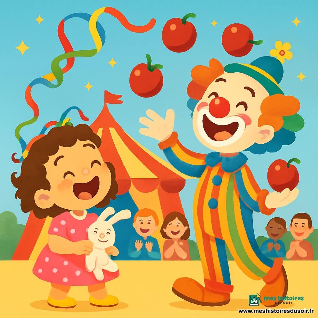 Une petite fille de 2 ans, Zoé, avec de grands yeux pétillants et des cheveux bouclés, sourit en tenant son doudou Lapin sous le bras. Elle porte une robe rose à pois blancs et des chaussures jaunes. À côté, un clown joyeux jongle avec des pommes, riant de manière exagérée, vêtu d'un costume à rayures. En arrière-plan, un chapiteau de cirque rouge et jaune se dresse sous un ciel bleu, entouré de lumières scintillantes. Des spectateurs applaudissent avec enthousiasme. La scène montre Zoé, émerveillée, riant alors qu'un ruban coloré s'envole et tombe sur sa tête, créant un moment magique au cœur du cirque.