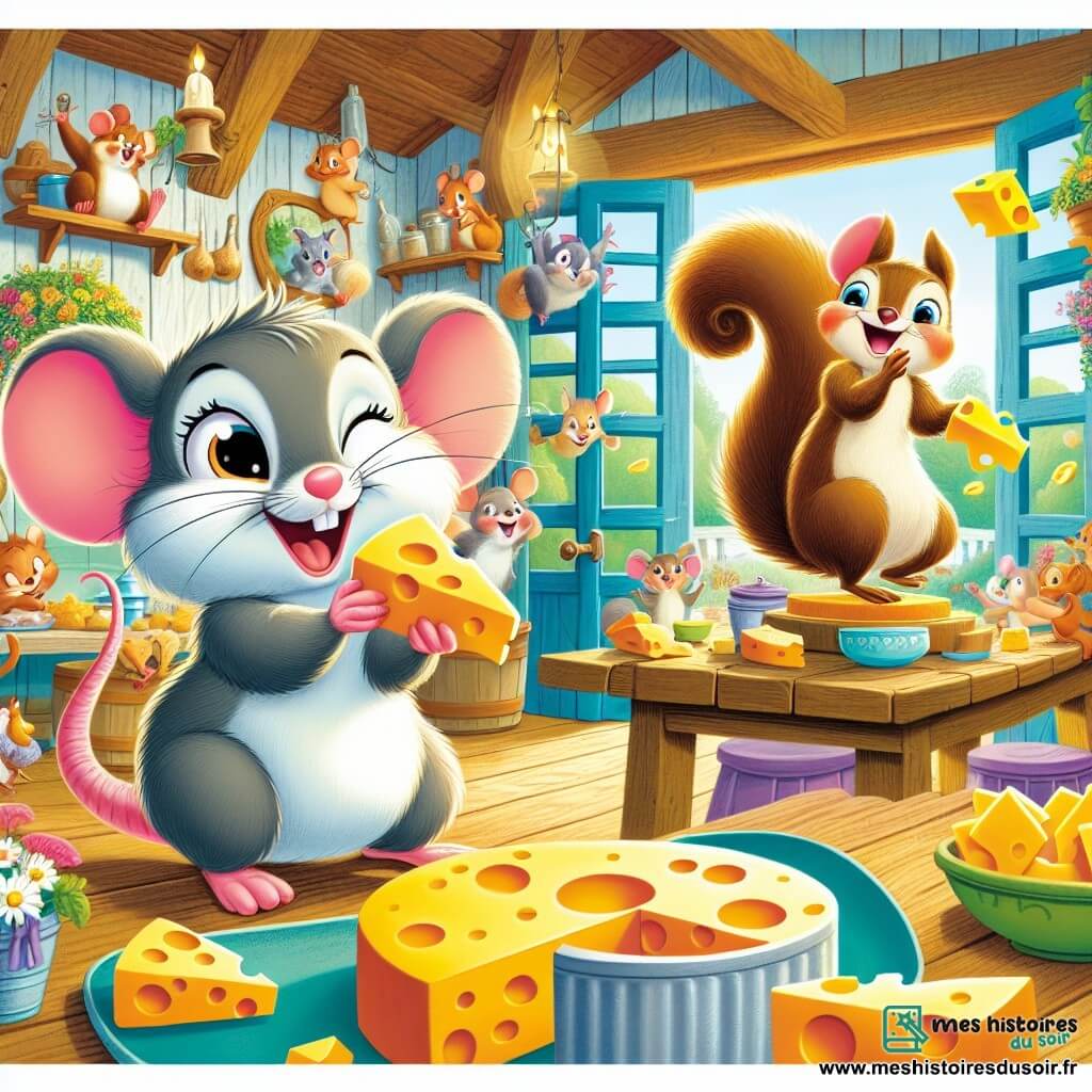 Minette, une petite souris grise aux grandes oreilles et aux yeux curieux, se tient joyeusement au centre, tenant un morceau de fromage avec un sourire. À côté, Émile, un écureuil brun à la queue touffue, jongle avec des morceaux de fromage sur une branche, affichant une expression amusée. La scène se déroule dans une ferme colorée avec une cuisine en bois rustique, des rayons de soleil illuminant des pots de fleurs et des ustensiles. Sur la table, des plats de fromage entourés d'animaux joyeux comme des poules et des vaches dansent et chantent. Minette et Émile organisent une grande fête du fromage avec leurs amis animaux, créant une atmosphère festive et chaleureuse.