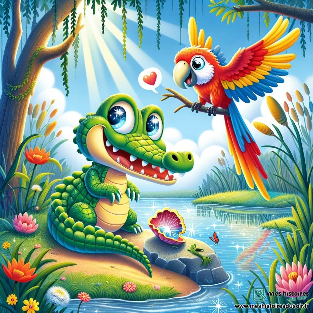 Capitaine Croco, un crocodile aux écailles vertes et aux yeux brillants, se tient sur une branche au-dessus d'un marais, souriant curieusement. À côté de lui, Pipo le Perroquet, un oiseau coloré, bat des ailes avec enthousiasme, prêt à s'envoler. Le marais est magique, avec des roseaux, des fleurs éclatantes et une eau claire réfléchissant le ciel. Des rayons de soleil créent des éclats de lumière. Capitaine Croco et Pipo découvrent un coquillage scintillant sur une pierre, émettant une douce mélodie les invitant à l'aventure.