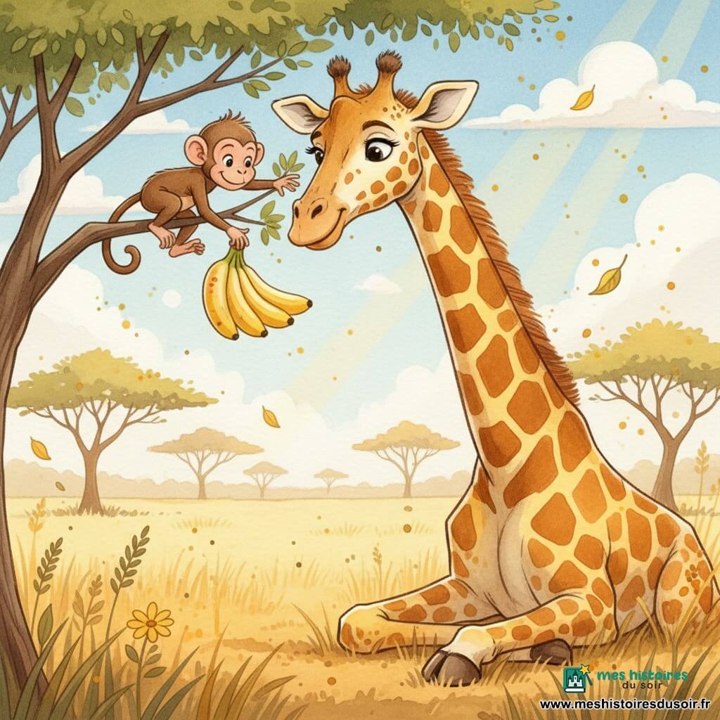 Une girafe bienveillante au long cou tacheté de jaune et brun penche la tête pour montrer des bananes hautes à Sacha, un petit singe marron clair perché sur une branche d'acacia; la savane dorée, herbes hautes et ombrelles d'acacia sous un ciel bleu ponctué de nuages, baigne la scène de rayons chauds tandis que feuilles et fleurs tombent doucement, composition centrée, tons doux et contrastes chaleureux.