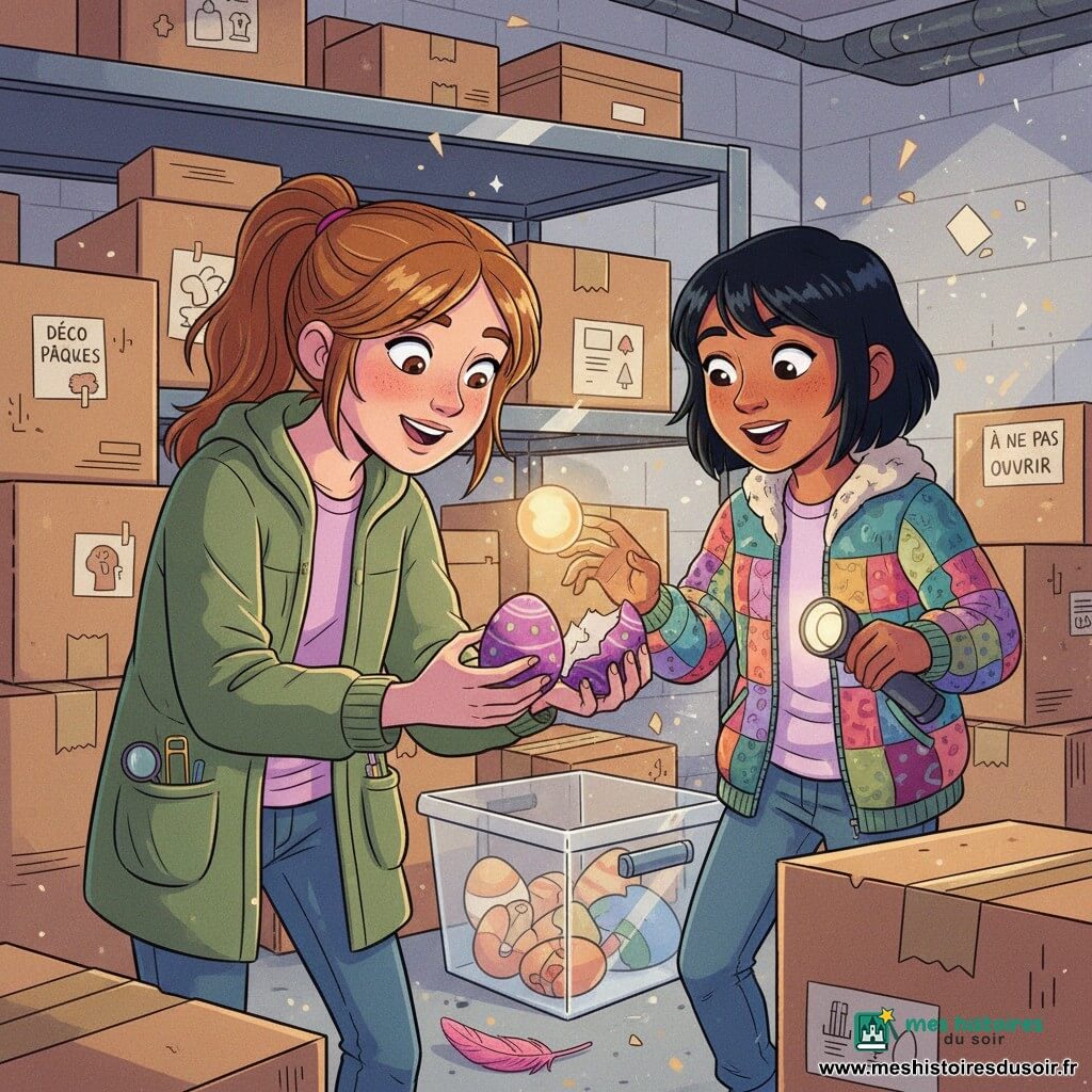 Deux filles de 12 ans dans un sous-sol chaleureux et un peu mystérieux rempli de cartons étiquetés (DÉCO PÂQUES, NOËL, À NE PAS OUVRIR), étagère métallique et caisse transparente : Zoé, châtain clair en queue de cheval, veste kaki aux poches chargées (loupe, trombone), tient délicatement un œuf violet à motifs argentés fendu d'où s'échappe une petite boule de lumière miel qui éclaire leurs visages ; Maya, cheveux noirs courts, veste colorée, lampe de poche éteinte à la main, se tient à droite et un peu en arrière, la main tendue vers la lumière, expressions d'émerveillement, textures nettes (carton rugueux, métal, plume rose posée), contrastes vifs et couleurs saturées dans un style pop art.