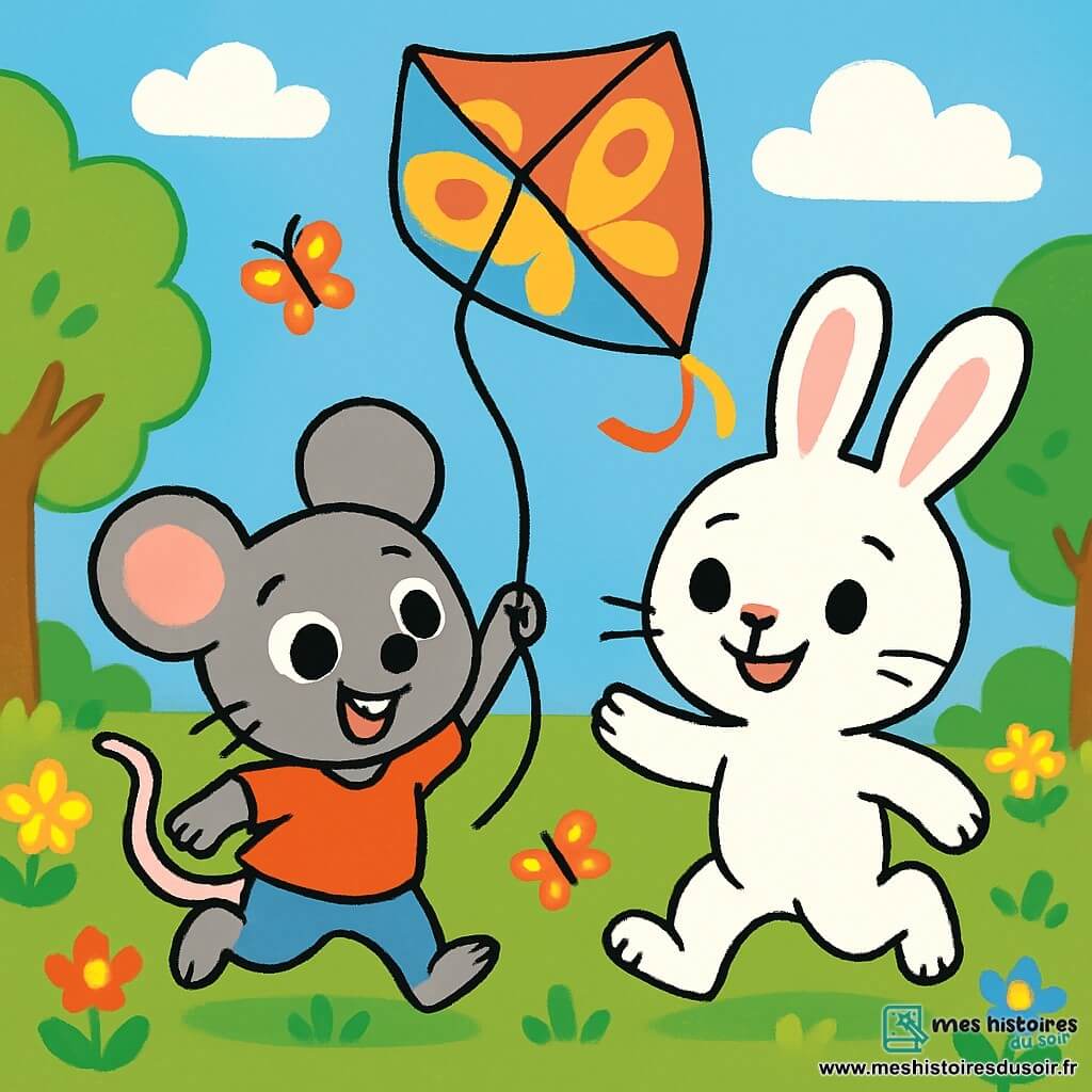 Léa, une petite souris grise aux grands yeux brillants et aux oreilles rondes, est pleine d'excitation. Elle court sur l'herbe verte, tenant un cerf-volant en forme de papillon, son visage rayonnant de joie. Max, un lapin blanc aux grandes pattes, se tient à côté d'elle, souriant avec détermination. Le décor est un jardin ensoleillé, rempli de fleurs colorées, d'arbres verdoyants et d'un ciel bleu clair. Léa et Max courent ensemble, tirant le cerf-volant qui s'élève dans le ciel, tandis que des papillons dansent autour d'eux, créant une scène joyeuse.