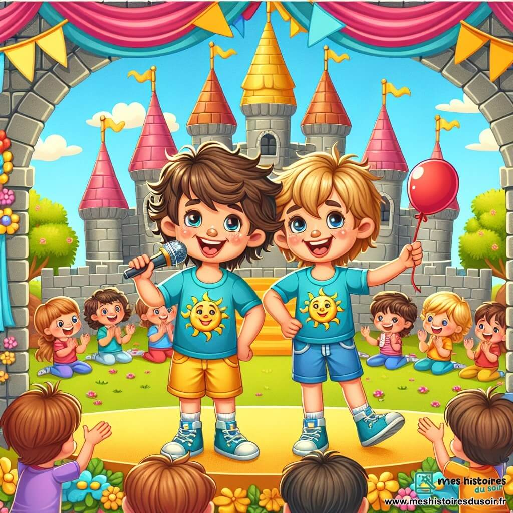 Un petit garçon de 5 ans, Jeannot, avec des cheveux châtains en bataille et un grand sourire, se tient sur une scène colorée au Château de la gentillesse. Il porte un t-shirt bleu avec un soleil doré et des shorts jaunes. À ses côtés, son meilleur ami Mike, un garçon de 5 ans aux cheveux blonds, tient un ballon rouge et un gâteau au chocolat, affichant un sourire complice. Le Château de la gentillesse est un lieu enchanteur, avec des murs en pierre ornés de guirlandes colorées et un jardin rempli de fleurs. Jeannot et Mike chantent ensemble sur scène, entourés d’enfants qui les encouragent, illustrant la magie de la gentillesse et de la confiance en soi.