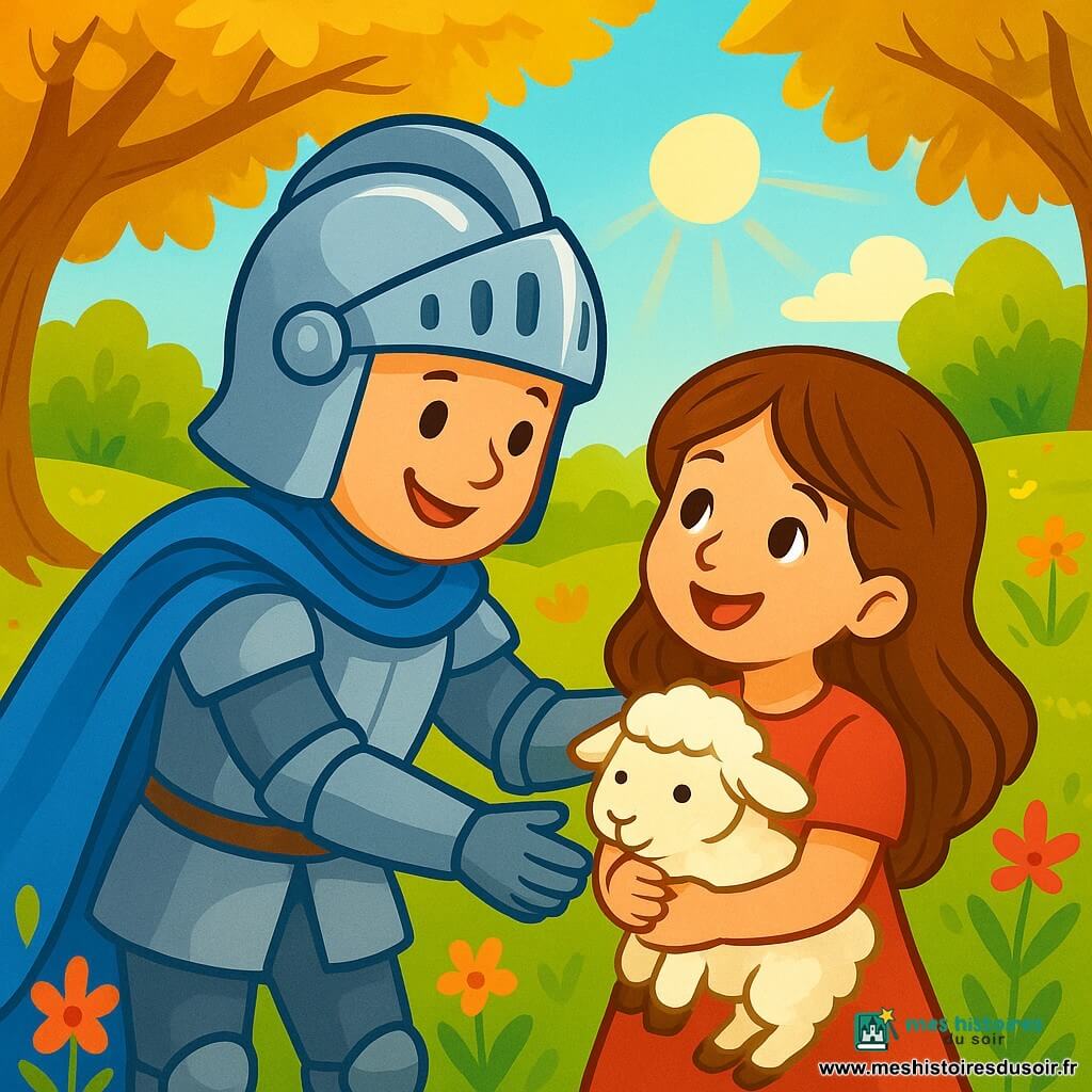 Un chevalier mystérieux, vêtu d'une cape bleue éclatante et d'un casque brillant, sourit chaleureusement en aidant une petite fille de 7 ans aux longs cheveux bruns et aux yeux brillants, qui tient un agneau blanc dans ses bras et l'admire. Ils se trouvent dans une clairière verdoyante, entourée d'arbres majestueux aux feuilles dorées et de fleurs colorées dansant dans le vent, tandis qu'un doux rayon de soleil éclaire la scène. Le chevalier et la petite fille rient ensemble après avoir retrouvé l'agneau perdu sous un pommier, créant une atmosphère joyeuse et magique, pleine de couleurs vives et de bonheur.