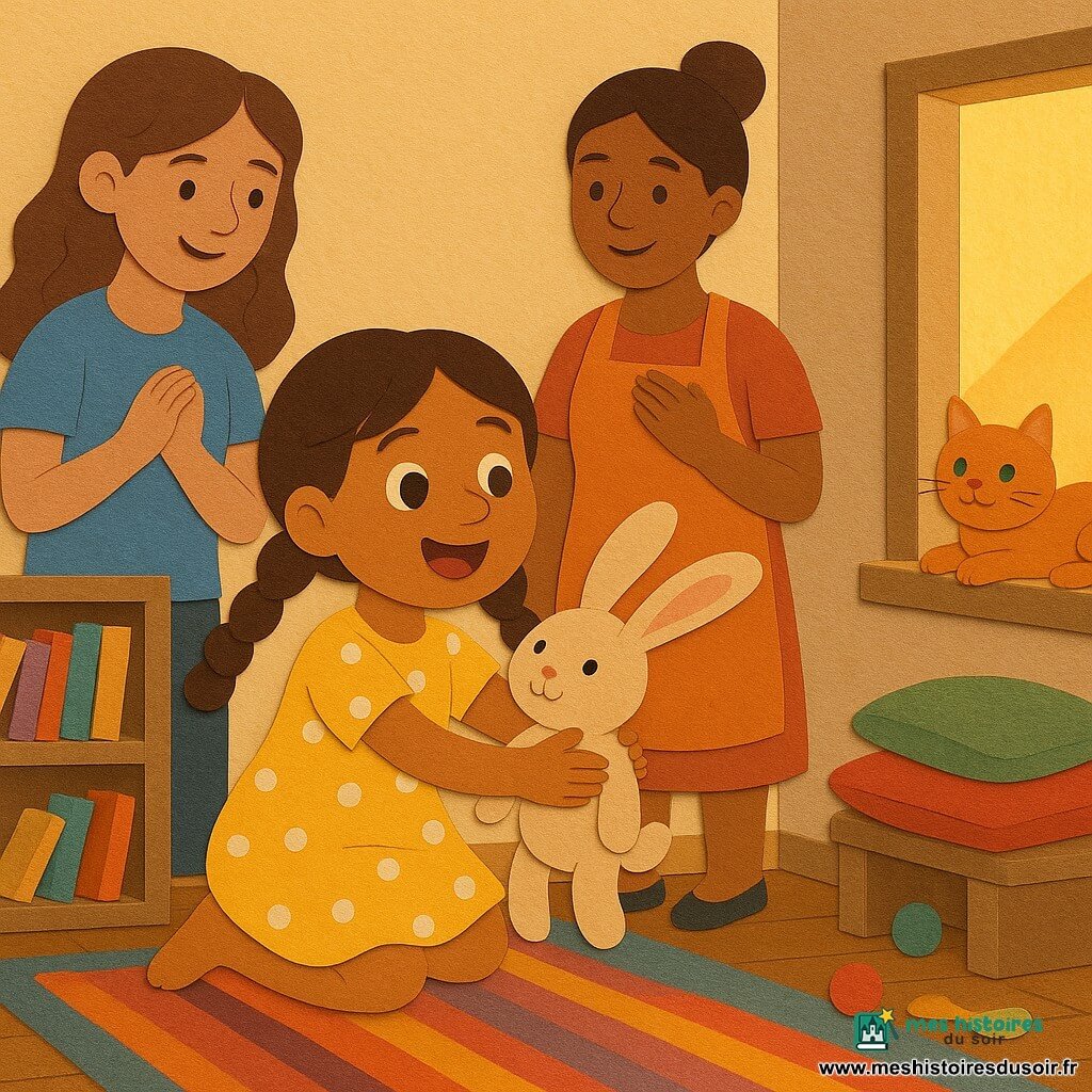 Lila, 4 ans, cheveux bruns en deux nattes, robe jaune à pois blancs, s’agenouille et tend les bras pour attraper son doudou lapin beige caché derrière un gros livre sur l’étagère; Zoé, ~8 ans, cheveux longs châtain, t-shirt bleu, applaudit à gauche près du tapis; la maman, trentaine, cheveux en chignon et tablier orange, main sur le cœur près de la porte de la cuisine à droite; le chat roux Pompon aux yeux verts dort au soleil sur le rebord de la fenêtre; salon chaleureux avec grand tapis coloré, étagère basse en bois remplie de livres illustrés, coussins, rayon de soleil et jouets éparpillés; scène lumineuse centrée sur la découverte et l’étreinte du doudou, couleurs vives, formes simples découpées en papier, texture douce et ombres légères.