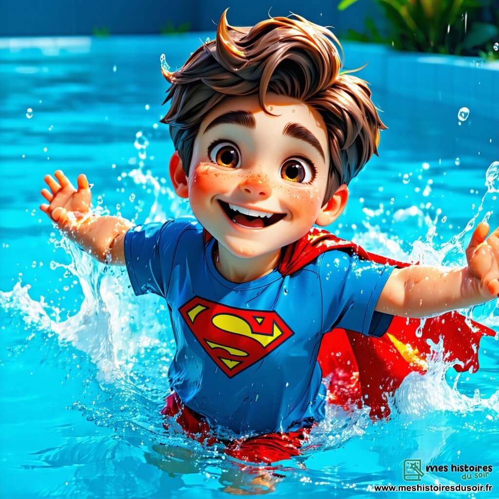 Arthur, un garçon de 10 ans aux cheveux châtains en bataille et au sourire rayonnant, flotte joyeusement dans une piscine, portant un t-shirt bleu et un short rouge. À ses côtés, Clara, une fille de 9 ans aux cheveux longs et bouclés, rit en tenant un anneau de piscine. Maxime, le kinésithérapeute, les encourage depuis le bord de la piscine. L'endroit est lumineux, avec des murs carrelés de bleu clair et des jouets flottants colorés. Arthur et ses amis jouent à un jeu de trésor sous-marin, ramassant des anneaux colorés au fond de l'eau, créant une atmosphère joyeuse et énergique.