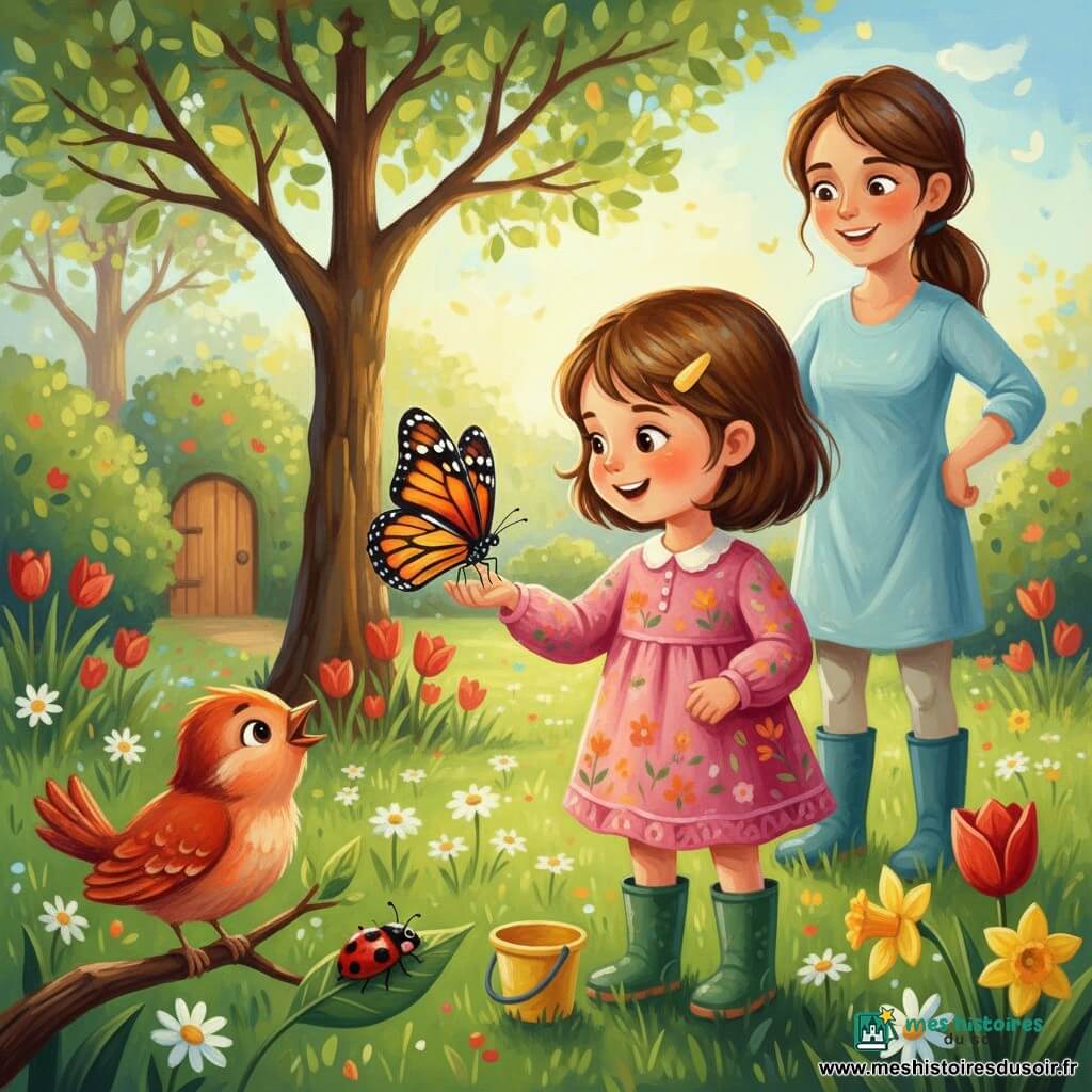 Léa, 4 ans, souriante et émerveillée, cheveux châtains courts avec une barrette jaune, robe à fleurs rose et bottes vertes, tend la main vers un grand papillon monarque orange, noir et blanc posé à demi-déployé sur sa paume ; sa maman d’environ 30 ans, cheveux longs attachés et tenue bleu clair, sourit en restant en retrait, main sur la hanche ; une coccinelle rouge à points noirs se promène sur une feuille près du seau jaune de Léa, un petit oiseau roux chante perché sur une branche à gauche ; jardin printanier lumineux avec herbe verte, tulipes rouges, pâquerettes blanches, jonquilles jaunes, arbre en bourgeons et petite porte en bois cachée derrière un buisson ; moment magique et calme centré sur Léa et le papillon, couleurs chaudes et contrastées, lumière douce du matin, traits ronds et textures épaisses de peinture acrylique.