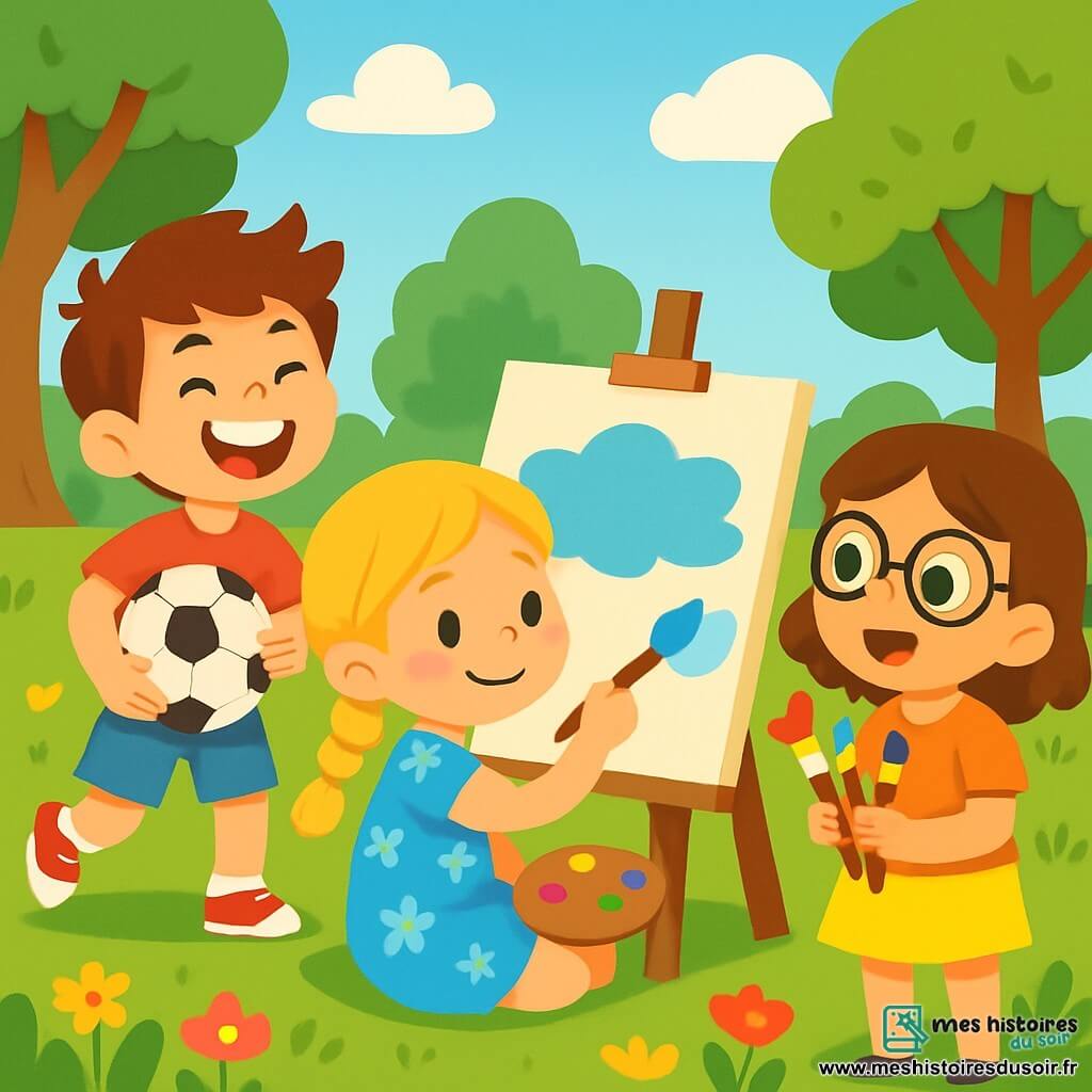 Il y a trois enfants : Léo, un garçon de 8 ans avec des cheveux bruns en bataille et un t-shirt rouge, riant avec un ballon de foot ; Emma, une fille de 7 ans avec des cheveux blonds tressés et une robe bleue à fleurs, assise sur l'herbe en train de peindre un ciel sur une toile ; et Mila, une fille de 6 ans avec des cheveux châtains et des lunettes rondes, debout à côté d'Emma avec des pinceaux colorés, admirant son dessin. L'action se déroule dans un jardin ensoleillé avec des fleurs multicolores et une pelouse bien entretenue, où une petite table de pique-nique est visible au fond. Les enfants s'amusent, Léo jouant au foot tandis qu'Emma et Mila peignent, tous souriants et entourés de la nature, prêts pour une journée d'aventures.