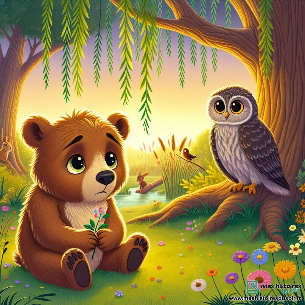 Au centre de l'image, un jeune ours brun nommé Oscar, assis sous un saule, tient une petite fleur colorée, symbole de son amitié perdue. Son regard exprime mélancolie et espoir. À côté, Naya, une chouette sage, l'observe avec compassion, ses ailes ouvertes comme pour offrir un câlin. En arrière-plan, la clairière de la forêt de Chênaie est illuminée par le soleil couchant, créant une ambiance paisible. D'autres animaux, tels que des lapins et des écureuils, écoutent en silence. Oscar se souvient de son ami Malo, perdu, tout en partageant un moment de recueillement sous le saule.