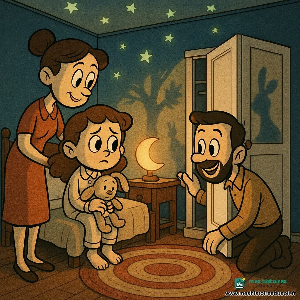 Fille de 6 ans anxieuse mais curieuse, visage rond, grands yeux brillants, serre un doudou beige et la lampe en forme de lune sur sa table de nuit; mère ~32 ans, douce, cheveux bruns attachés, main sur l'épaule de la fillette, debout à gauche du lit avec un sourire rassurant; père ~34 ans, barbe courte, agenouillé près du tapis, ouvre doucement la porte de placard blanche entrouverte pour montrer qu'elle est vide; petite chambre cosy aux murs bleu nuit, étoiles phosphorescentes au plafond, étagère de livres colorés et tapis rayé; la lampe projette un halo doré qui crée des ombres évoquant arbres et animaux mais inoffensives; ambiance réconfortante, couleurs chaudes contrastant avec le bleu nuit.