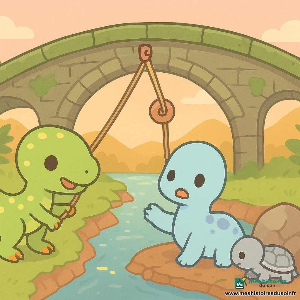 Un jeune vélociraptor vert clair tacheté de jaune, vif et souriant, tire une corde de liane attachée à une poulie improvisée pour sauver Pipo, un bébé diplodocus bleu pâle aux grands yeux effrayés mais soulagés, coincé sur une berge, tandis que Tôle, un petit ankylosaure à carapace argentée, pousse doucement un rocher fissuré ; le tout sur un vieux pont de pierre moussu craqué au-dessus d'une rivière dorée, entouré de grandes fougères et collines, sous un ciel de coucher de soleil saumon-lavande, ambiance chaleureuse, lumineuse et aux formes arrondies.